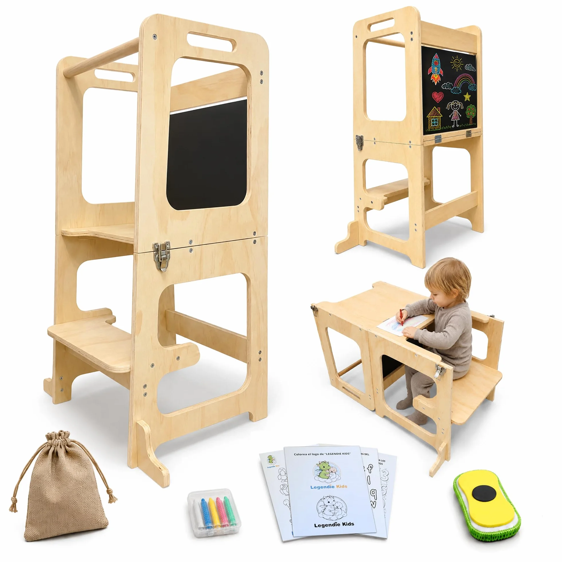 Torre de Aprendizaje Plegable 3 en 1 Madera Natural Mesa Montessori 2 Años