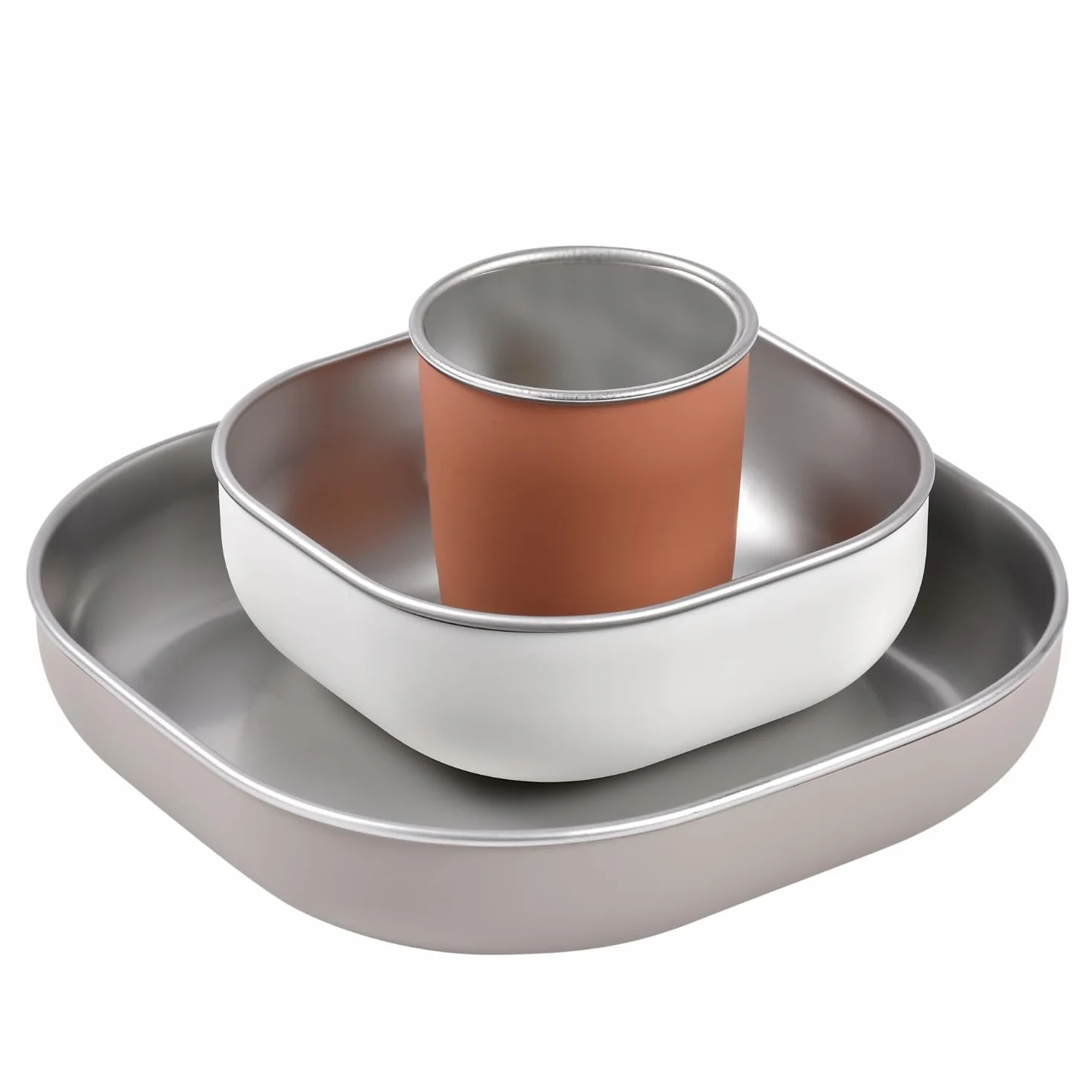 Béaba Juego de Comida Bebé de Acero Inoxidable, 3 Piezas, Vaso y 2 Platos, Apto para Microondas y Lavavajillas, Sano y Resistente, Ligero, Irrompible, Antideslizante con Tapa de Silicona, Terracotta