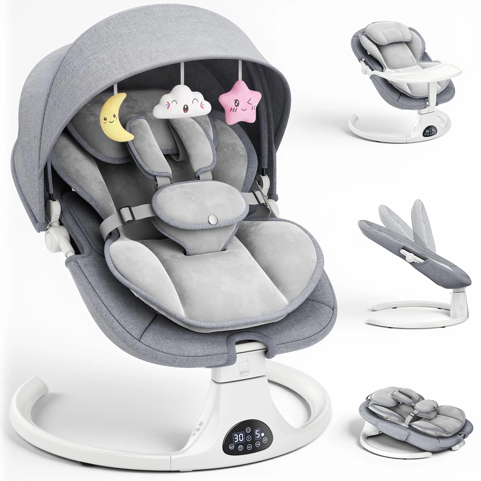 Respaldo Ajustable Hamaca para Bebé, Eléctrica Silla Mecedora de Bebé con Cojín Desmontable y Mesa Auxiliar Desmontable, Control Remoto Hamaca Bebe 5Velocidades de Columpio y 12 Melodias (Gris)