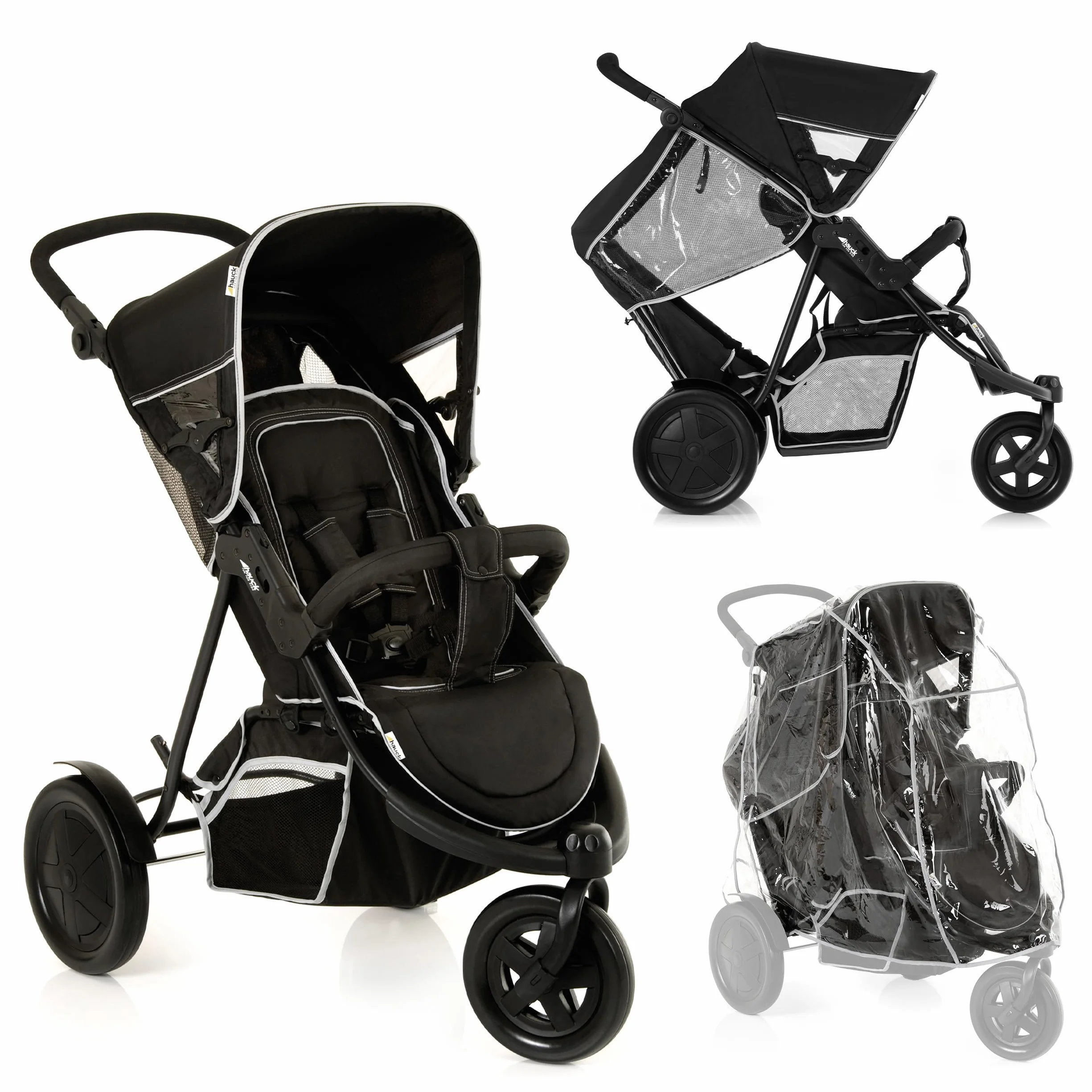 hauck Freerider Carro Gemelar Reclinable, Silla de Paseo Gemelar Plegable, Carrito Gemelos Ligero, Asientos Desmontables, Arnés 5 Puntos, Ruedas Grandes, hasta 30 kg, Negro
