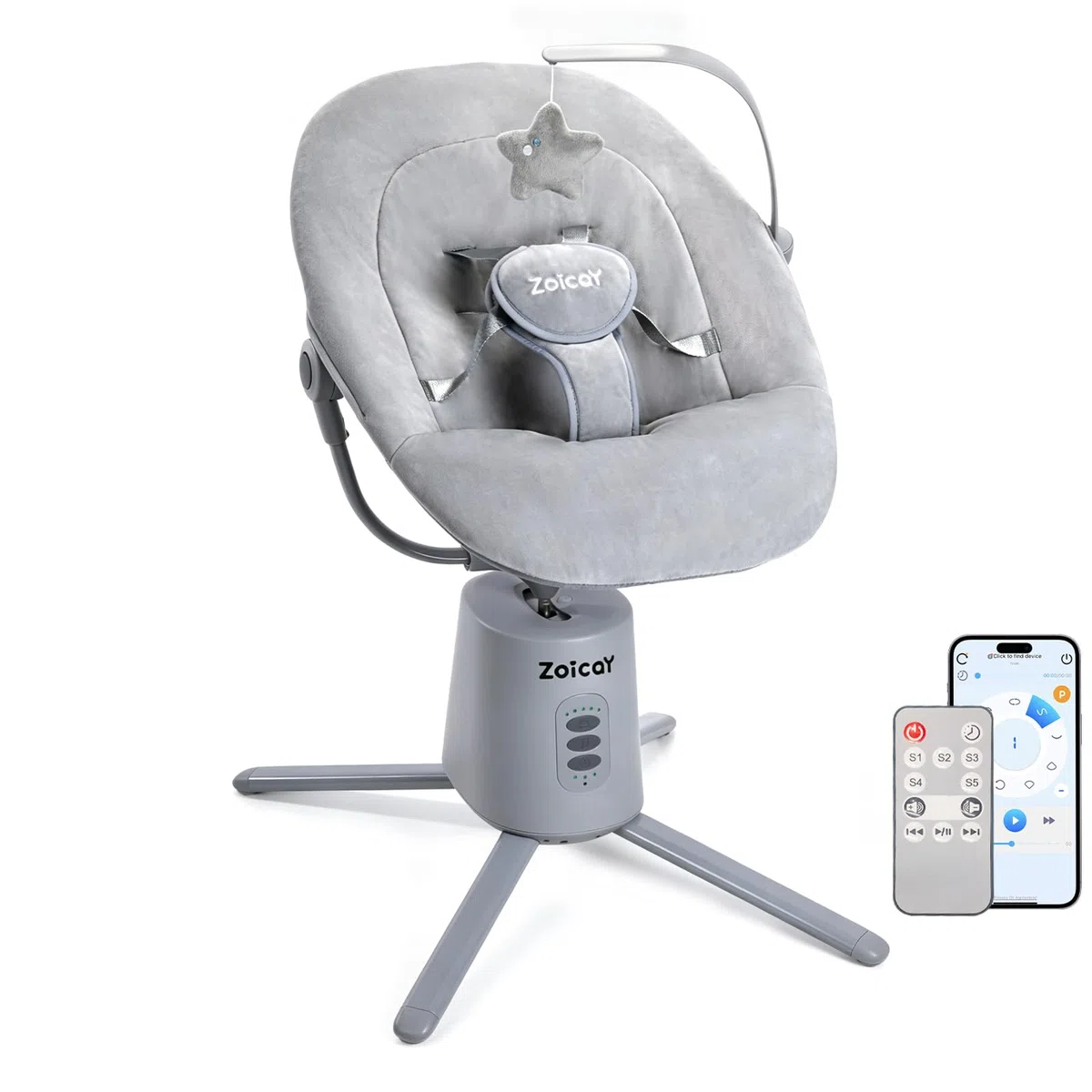 Zoicay Mecedora Bebe Electrica con 3 Modos y 5 Velocidades | Hamaca Bebé Respaldo Ajustable, Función de Temporización y Música Mando a Distancia y Bluetooth para bebe 0-9 Meses (Gris)