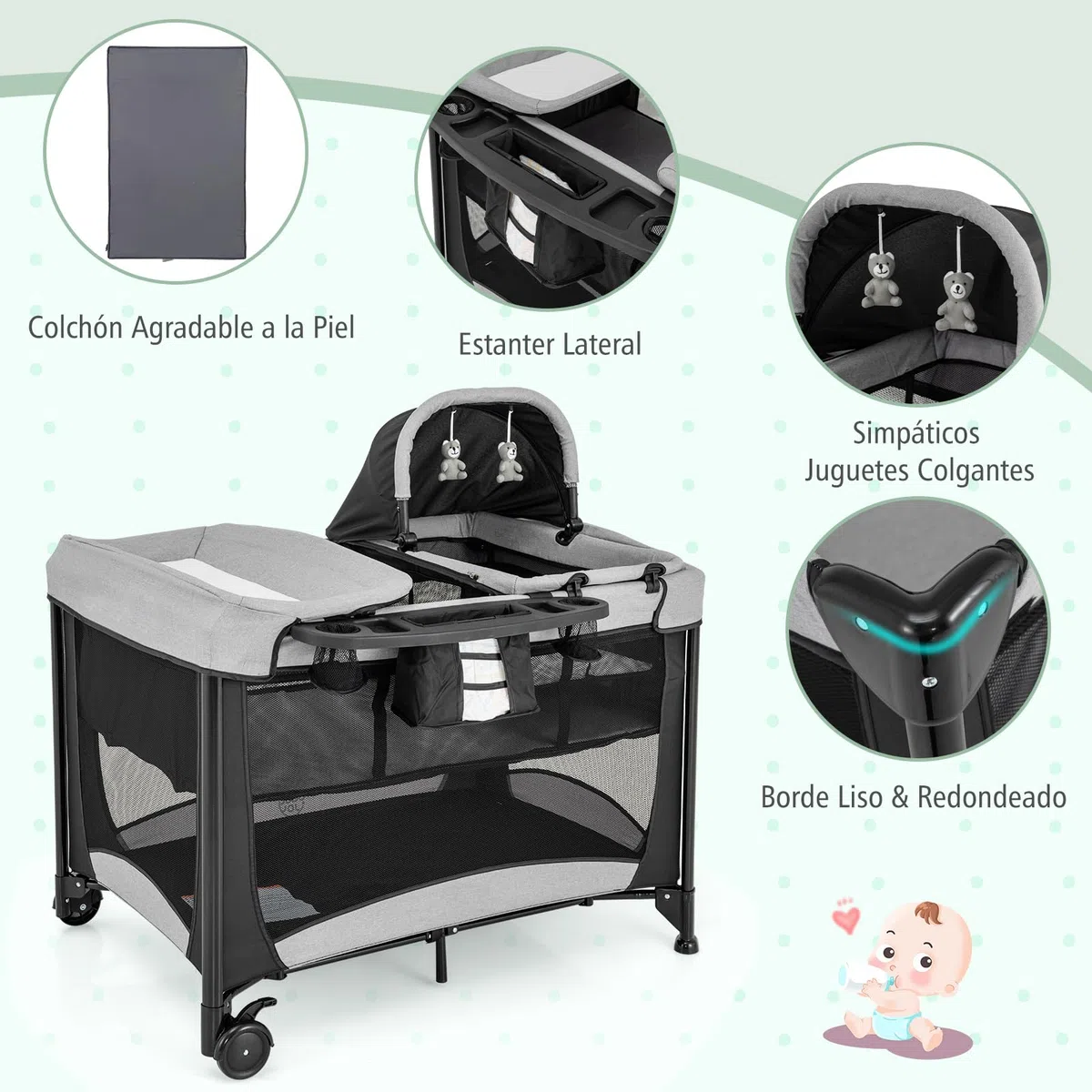 COSTWAY 5 en 1 Cuna de Viaje para Niños, Centro Infantil Portátil con Cuna,Cuna y Cambiador de Pañales, Juego para Bebés y Colchón Extraíble, Cesta de Almacenamiento, 2 Ruedas Bloqueables (Negro)