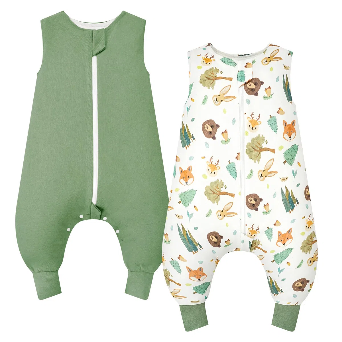WYTbaby 2 Pack Saco de Dormir con Pies 1.0 Tog 100% Algodón Saco Dormir Bebe para Niños y Niñas, Animal Forestal + Verde Claro