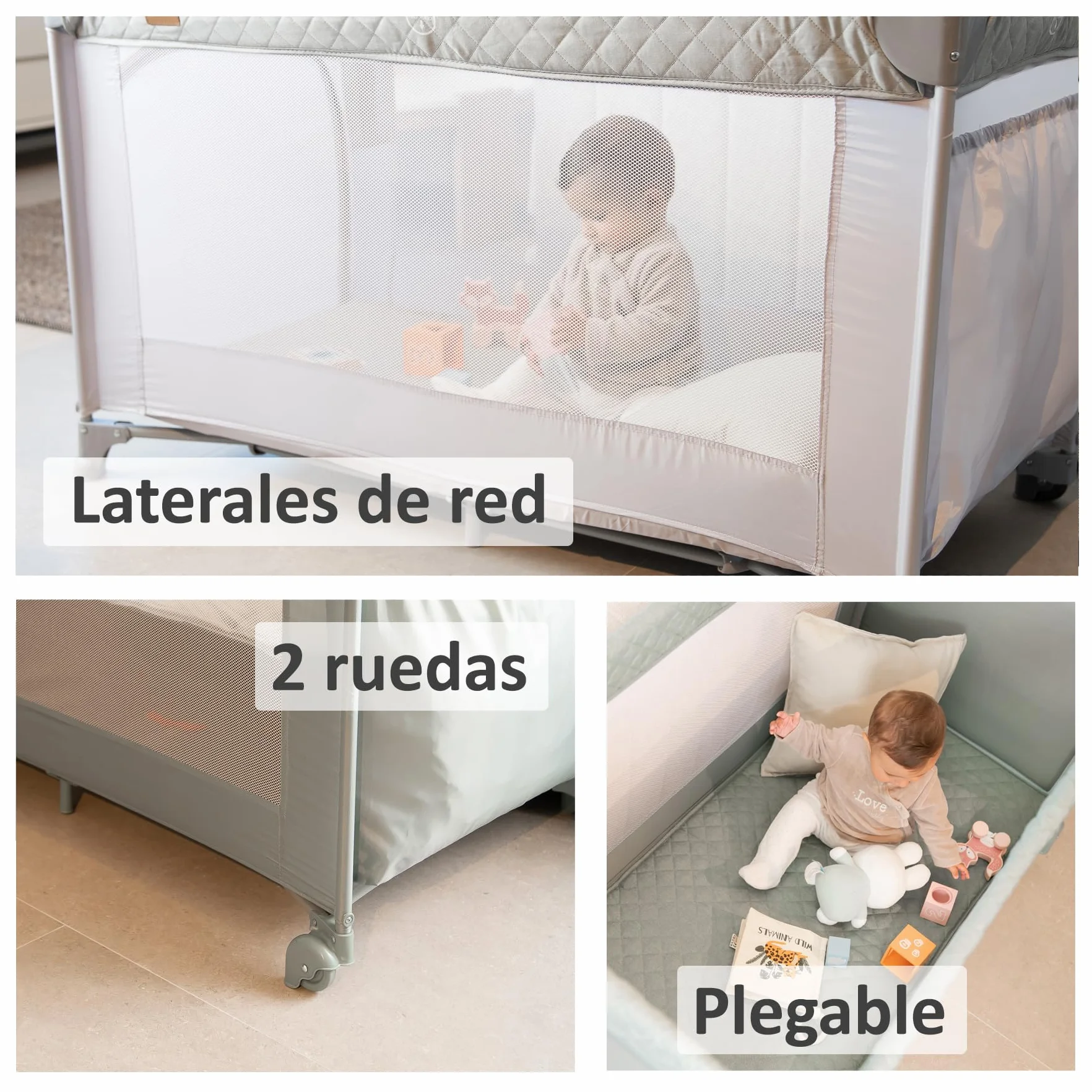 Cuna de Viaje Colecho 3 en 1 Trend Cun con Mosquitera 0-3 años (0-15kg) Plegable, Doble Altura, Lateral Abatible, Parque de Juegos, Bolsa de Transporte Gris Claro