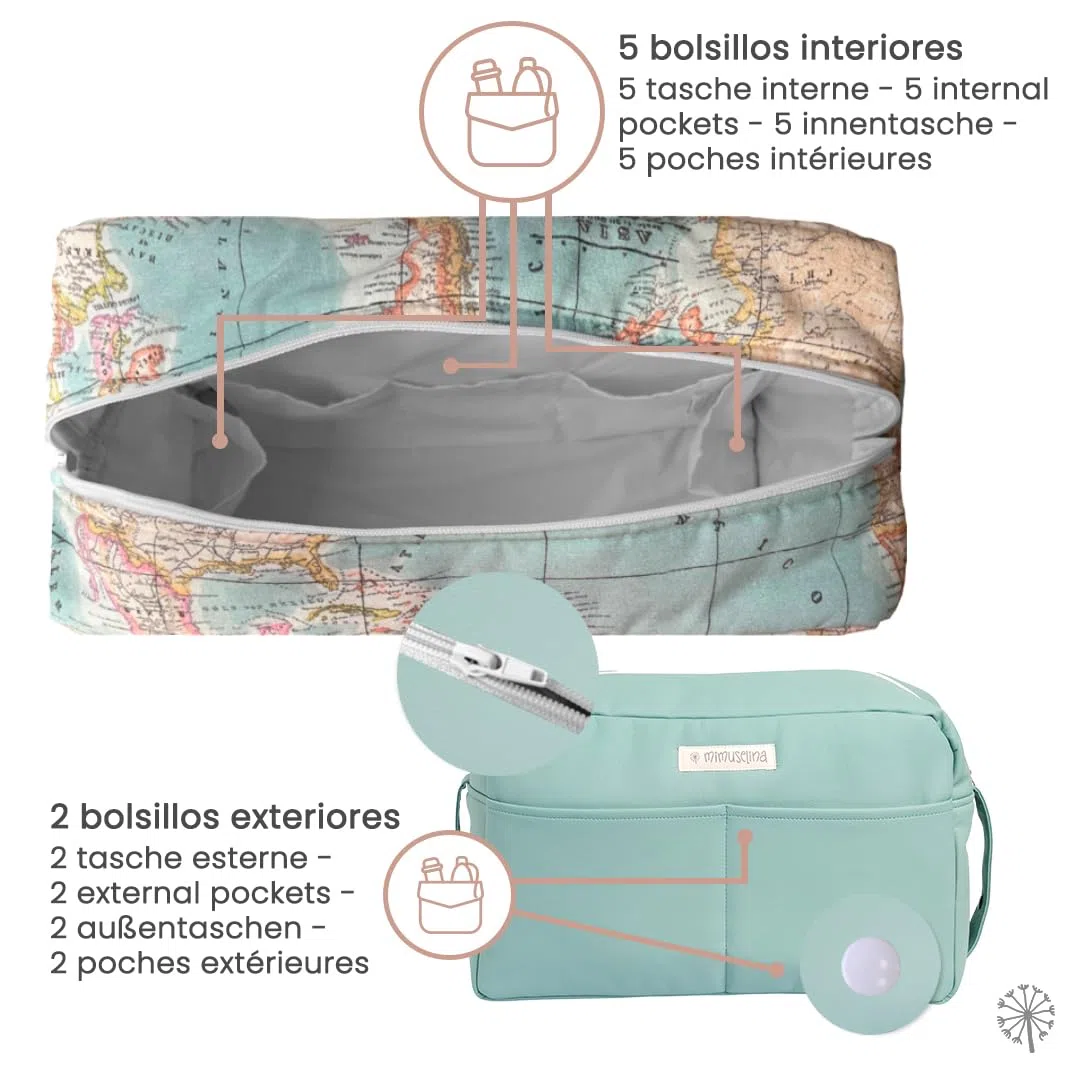 MIMUSELINA Bolso Carrito Polipiel | Bolso Carro Bebe Impermeable de Gran Capacidad | Organización total con 7 bolsillos | Uso en hombro o cochecito sin necesidad de ganchos | Hecho en España