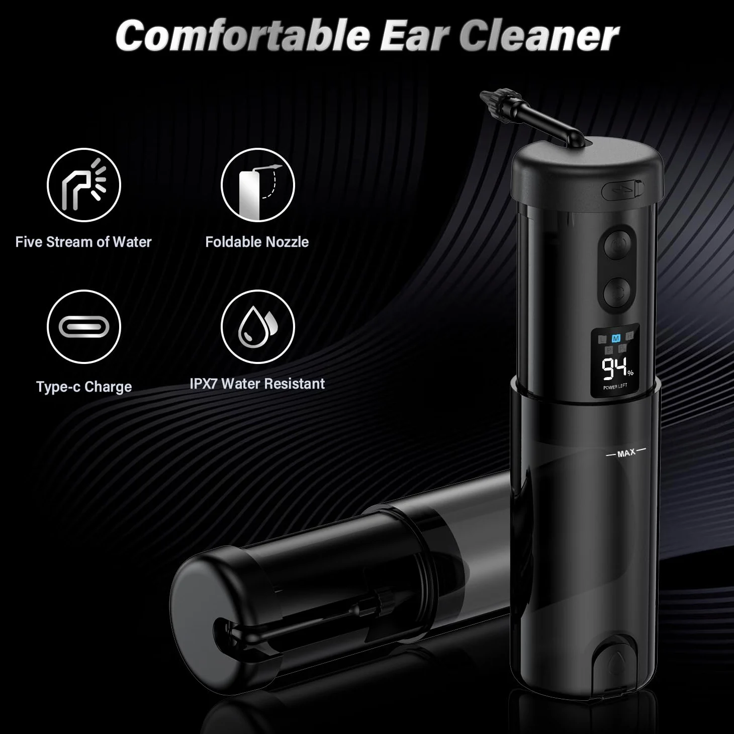 Removedor de Cera Oídos Limpiador de Oídos Lavado Oídos Ducha Oído para Adultos - Limpiador Oídos Eléctrico 5 Modos Pantalla LCD IPX5 Dispositivo Limpieza Oídos Recargable Ear Cleaner