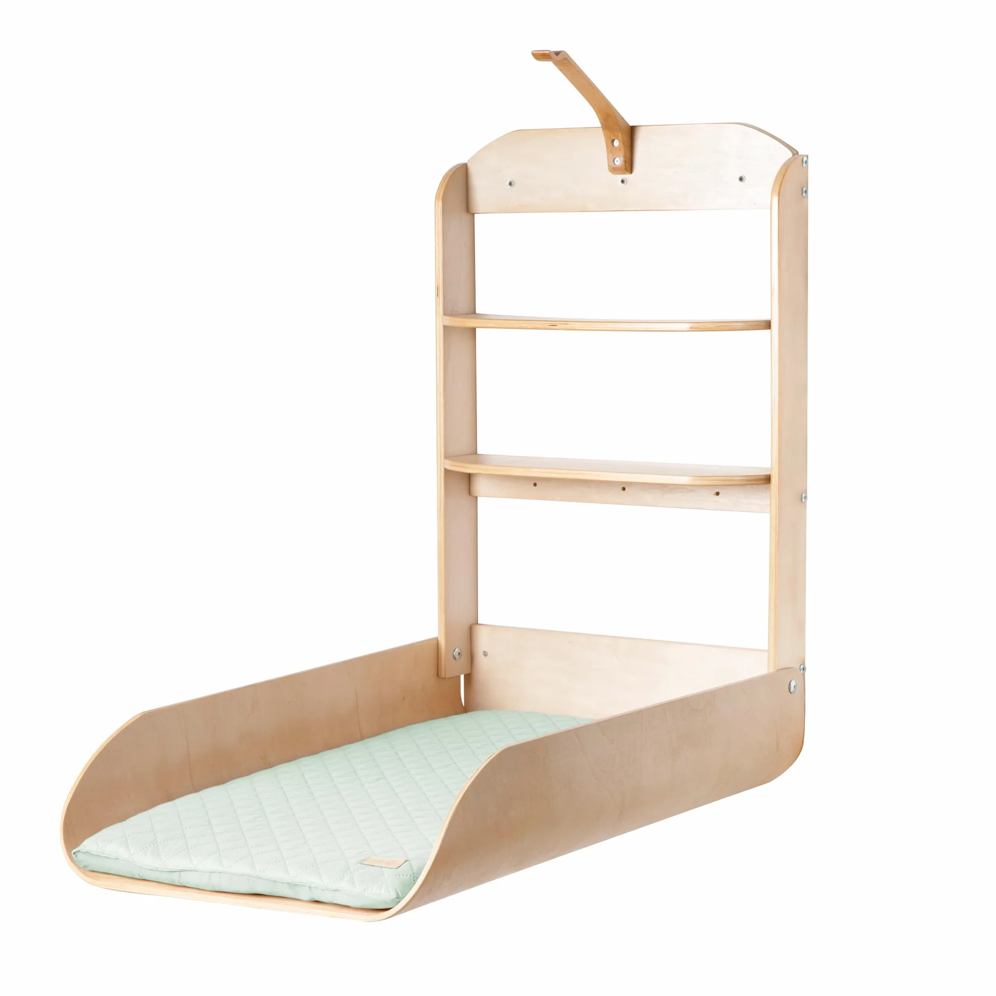 roba Cambiador Plegable de Pared en Madera Natural + Colchón Impermeable Style Verde Escarcha - 2 Estantes Prácticos - Diseño Curvado y Minimalista