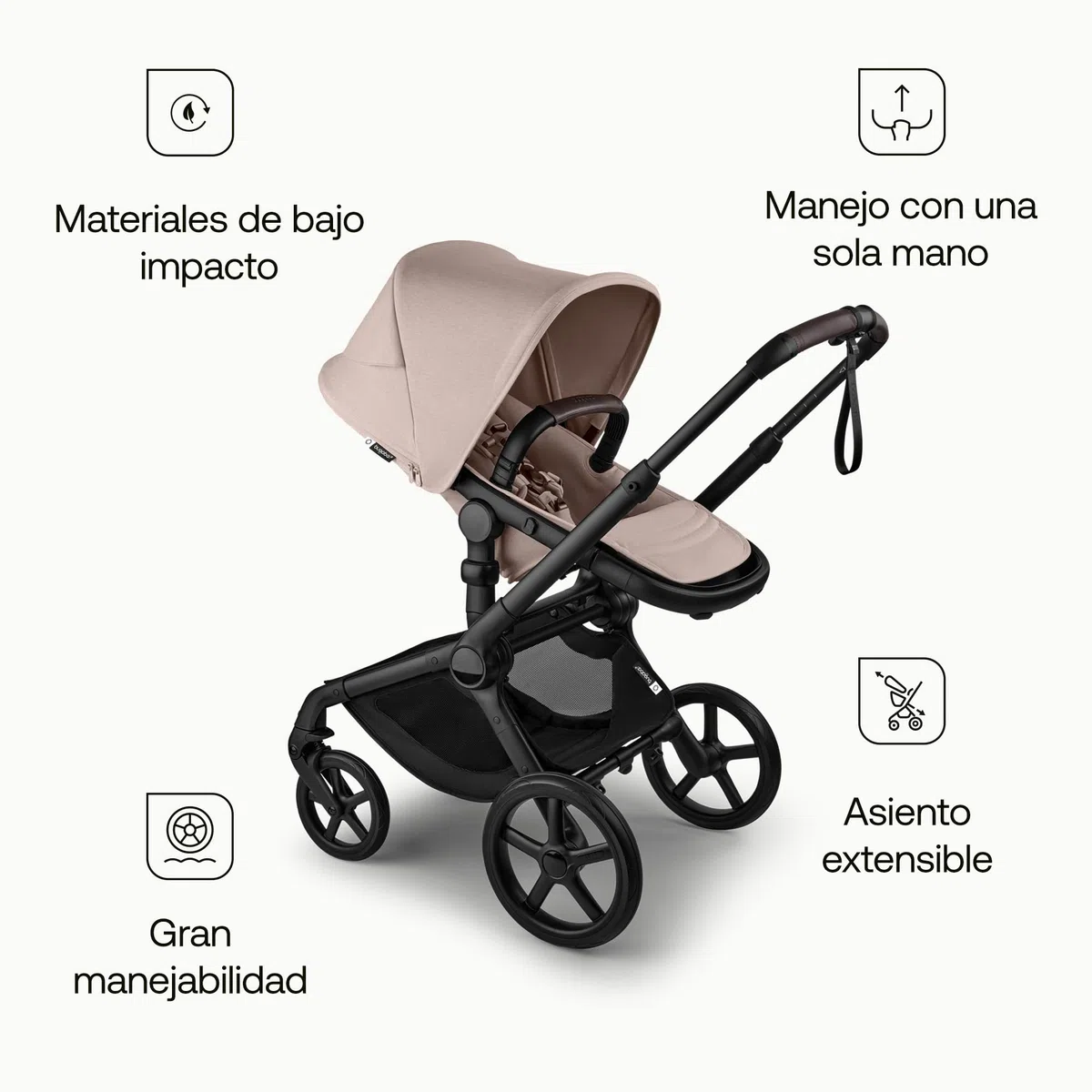 Bugaboo Fox 5 Renew Carrito Todoterreno, Cochecito de Bebé 2 en 1, Suspensión Total, Fácil Plegado, Capazo Espacioso, Asiento Extensible, Maniobrabilidad, Chasis Negro y Capota Desert Taupe Melange