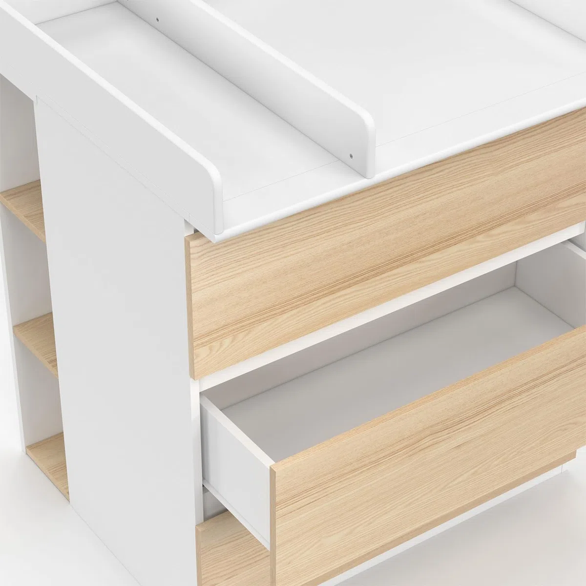 IDMarket - Cómoda Cambiador Evolutiva Ámbar estilo haya y Blanco de 3 cajones con Mesa Cambiador y 2 estantes extraíbles