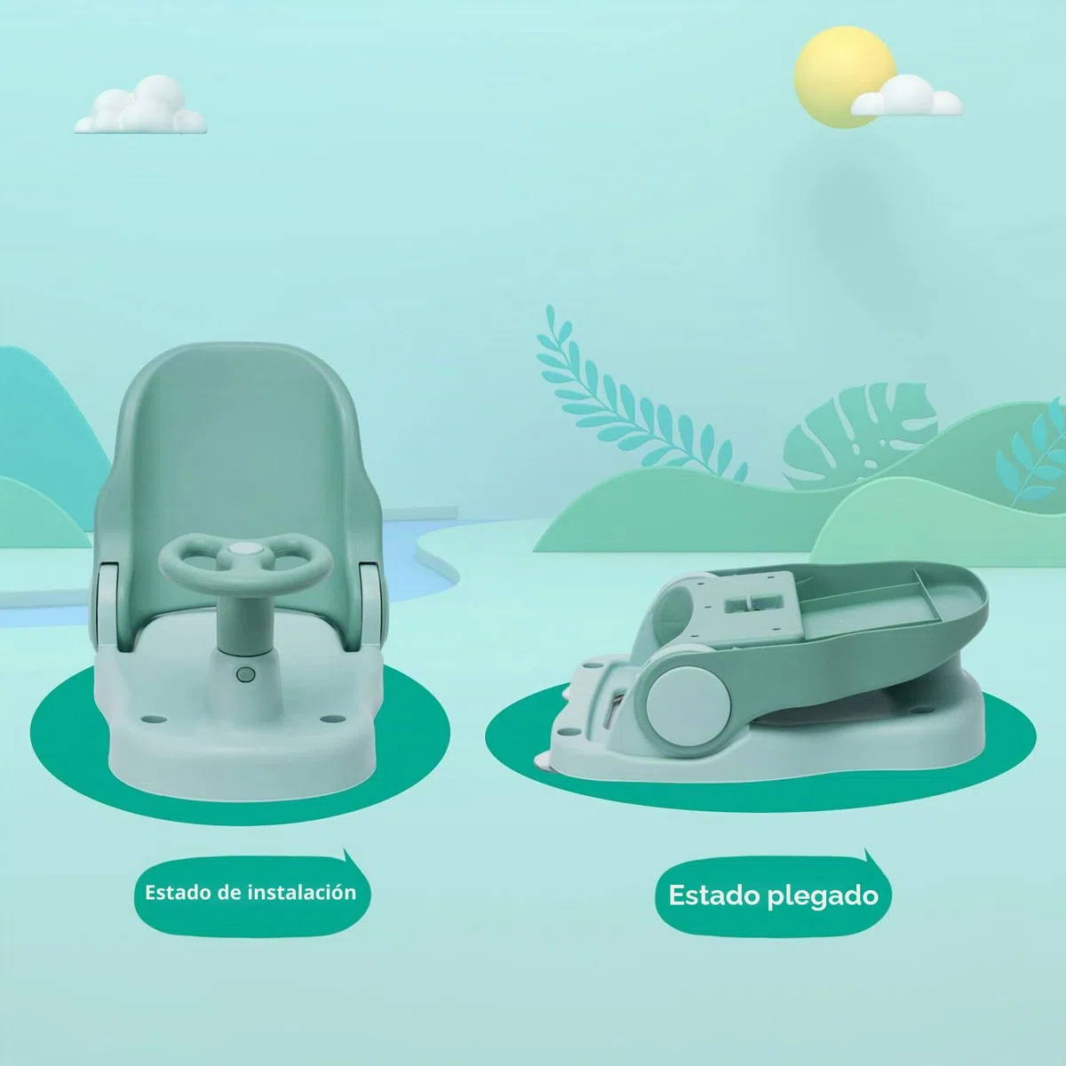Asiento de baño para bebé con respaldo ajustable, silla de ducha plegable para bebés con ventosa fuerte, portátil para bebés a partir de 6 meses, verde