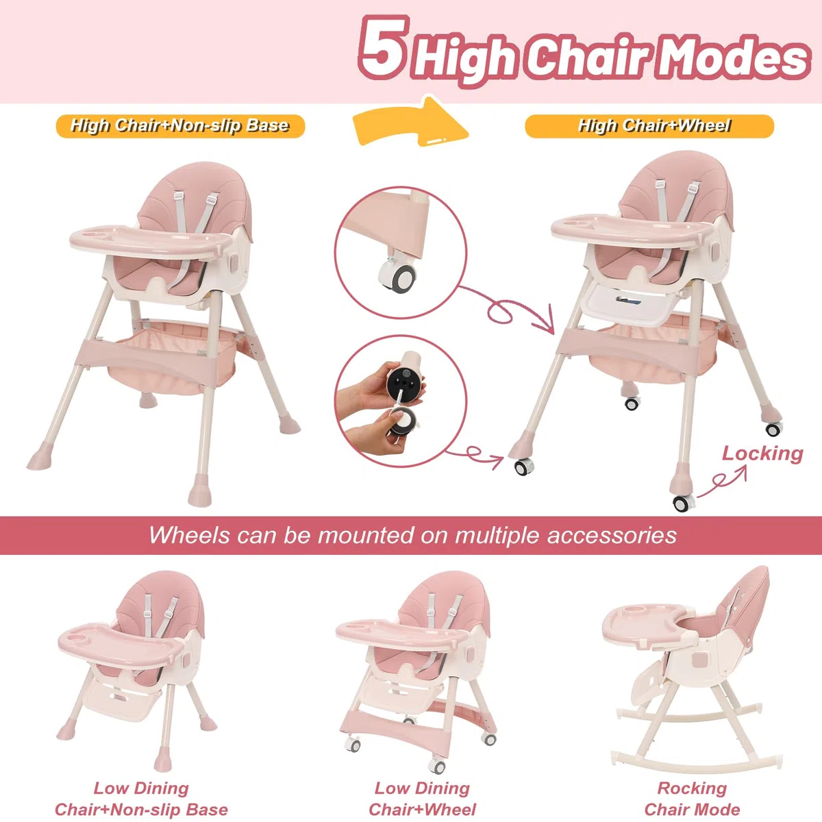 Trona Bebé Evolutiva 3 en 1, Plegable, Reclinable, Doble Bandeja Desmontable, con Ruedas Universales, 3 Respaldos Ajustables y Cinturón de Seguridad de 5 Puntos, Para Bebés a partir de 6 Meses, Rosa