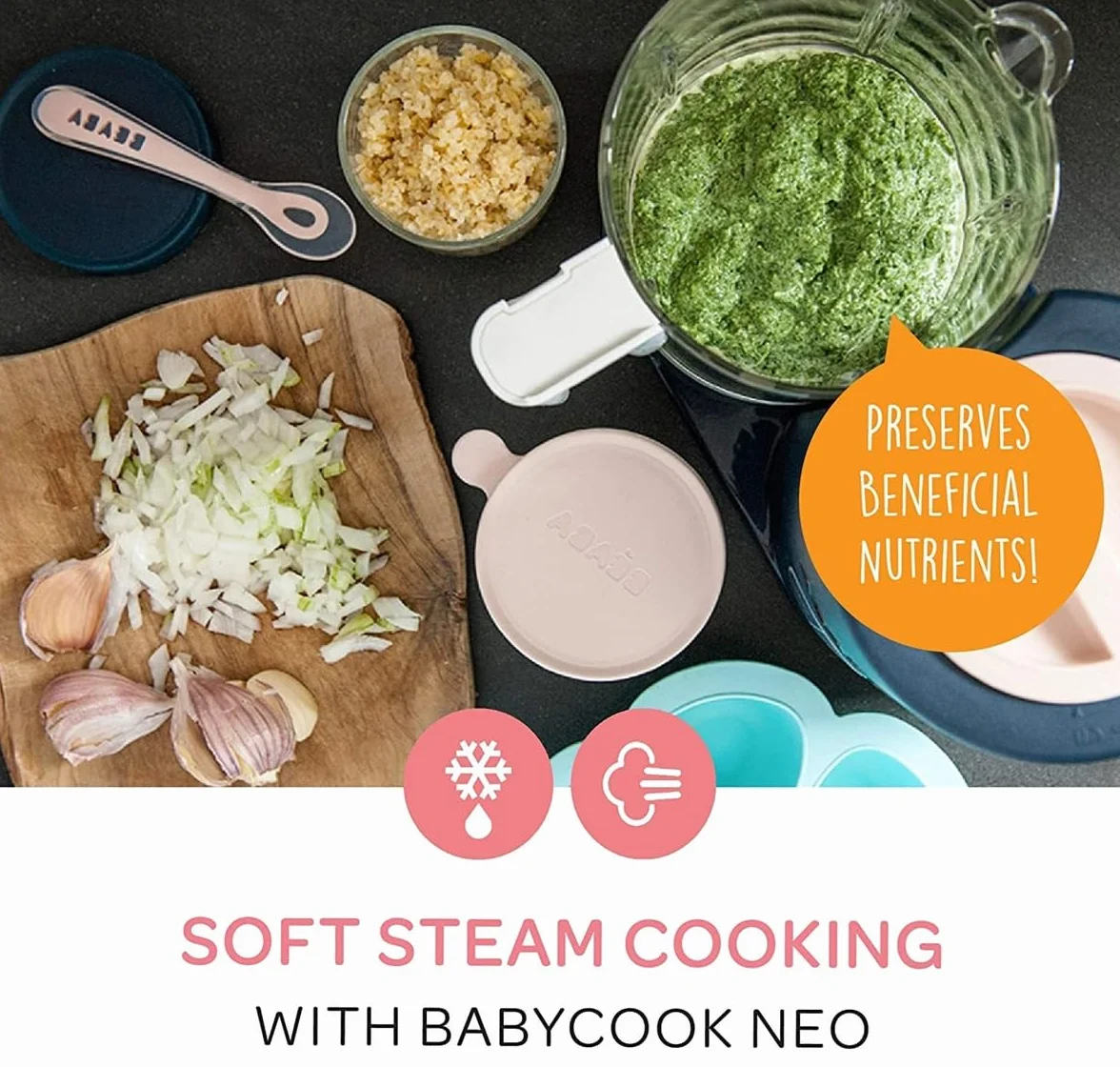 Béaba - Babycook Neo - Máquina de alimentos para bebés - 6 en 1: Procesador de alimentos, licuadora y cocina - Cocina al vapor suave - Comida casera rápida para bebés - Cuenco de vidrio - Recipiente