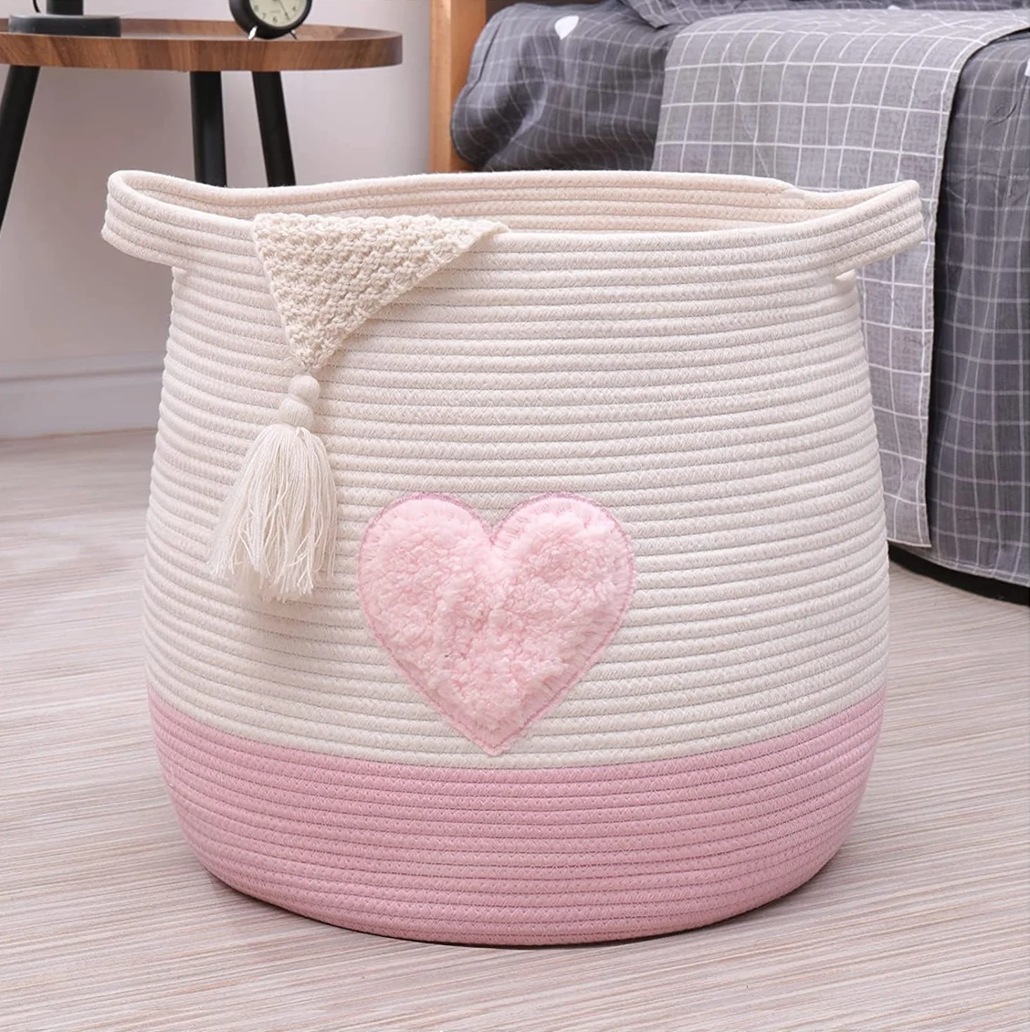 Cesta grande de cuerda de algodón tejida para almacenamiento, organizador de juguetes ropa mantas, 45x43 cm rosa