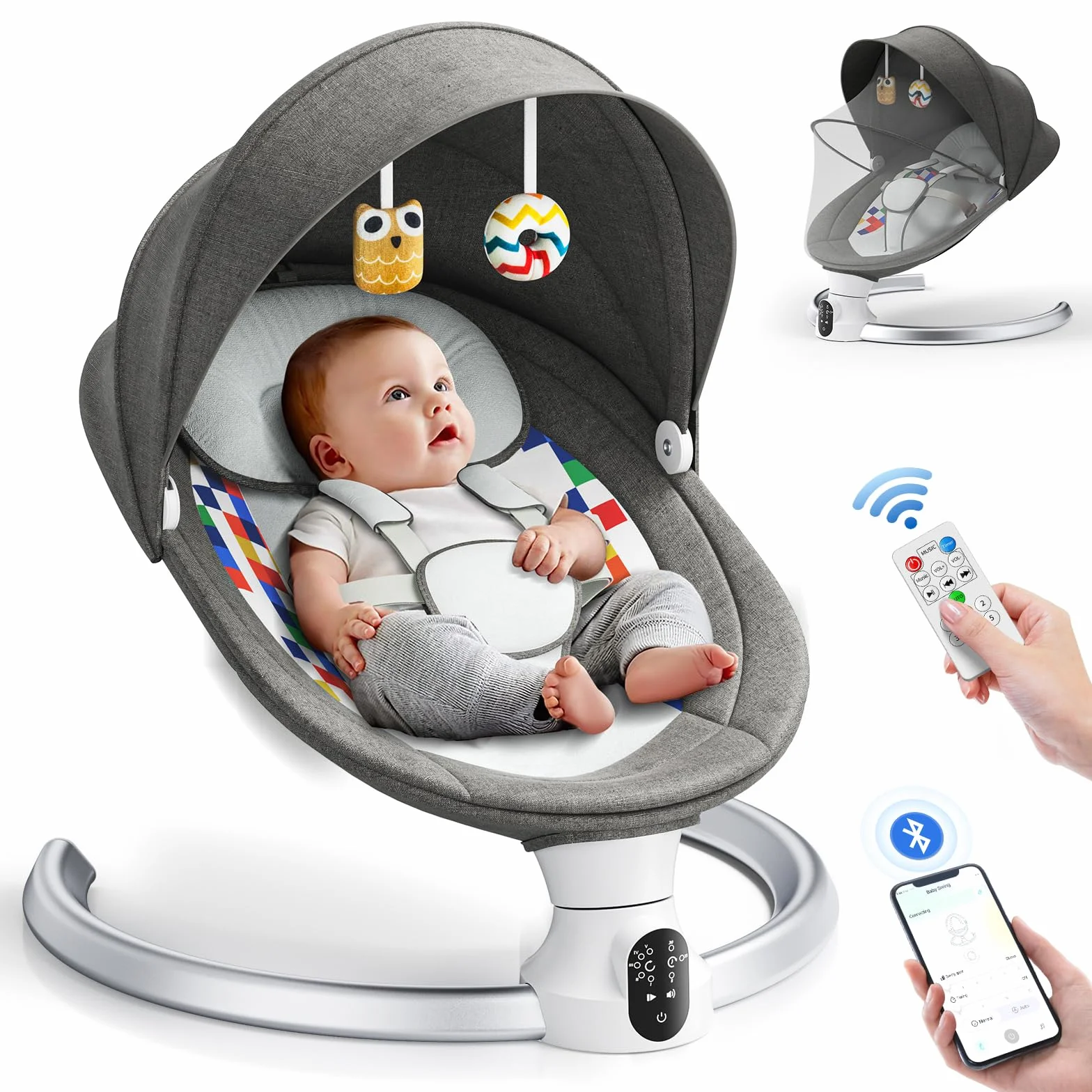 Hamaca para Bebé, Bluetooth Habilitado Eléctrica Silla Mecedora para 0-9 kg de Bebé Funcionamiento con App y Mando a Distancia Balancin para Bebes Arco Regulable, con Melodias