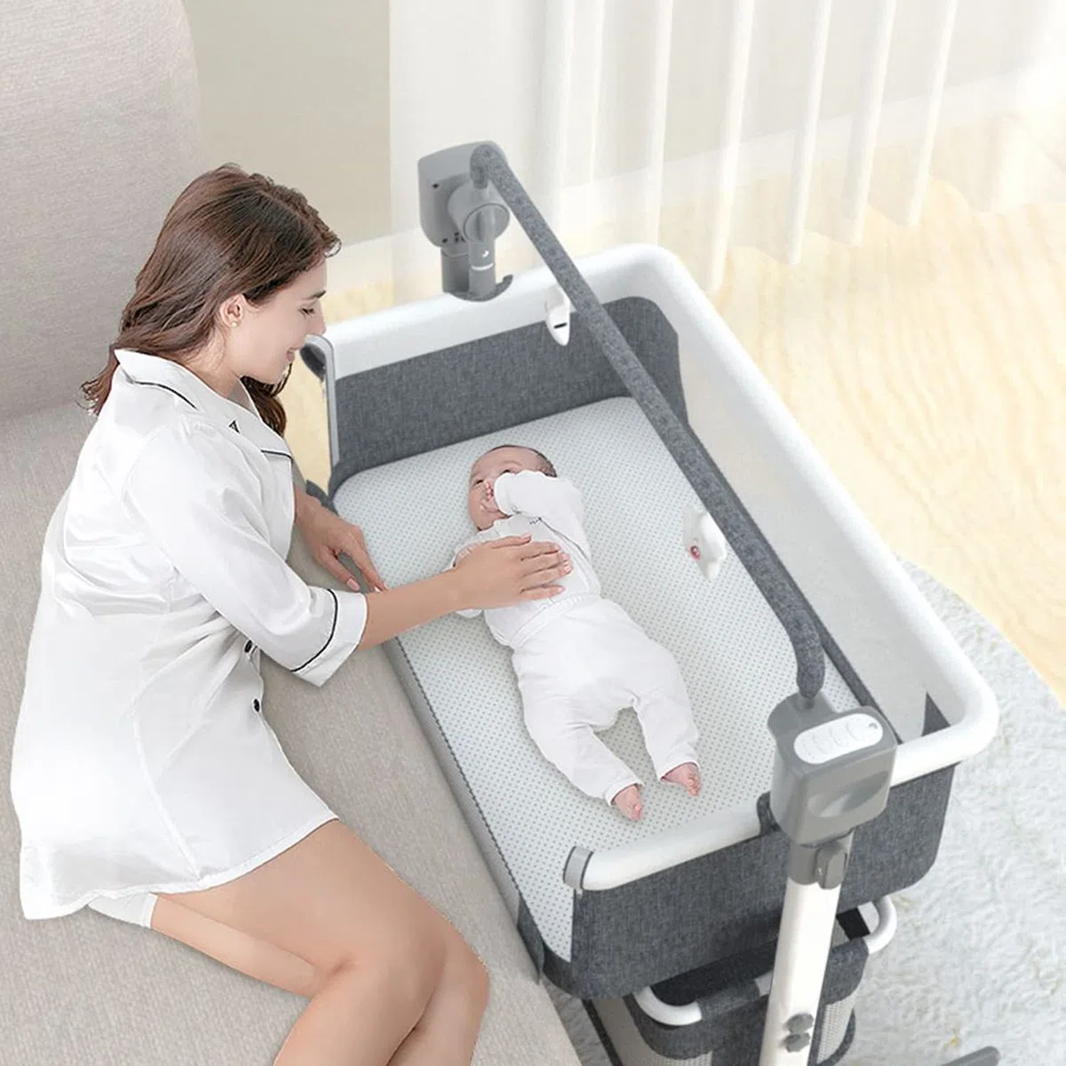 SteAnny Cuna Mecedora eléctrica para bebé, cunas mecedoras para recién Nacidos, Cuna para Dormir Junto a la Cama, Cuna portátil fácil de Plegar, Cama de Viaje Ajustable para bebé(Rosa)