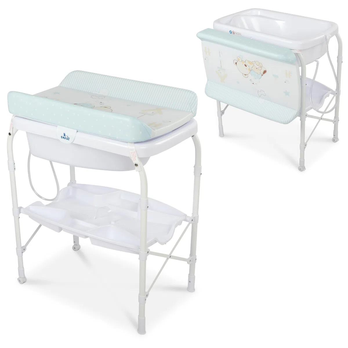 Toral Bañera Cambiador Bebe Mueble con Patas - Bañera Bebe Con Bandeja Separadora y Ruedas con Freno - Cambiador con Medidor de Altura - Modelo Azul
