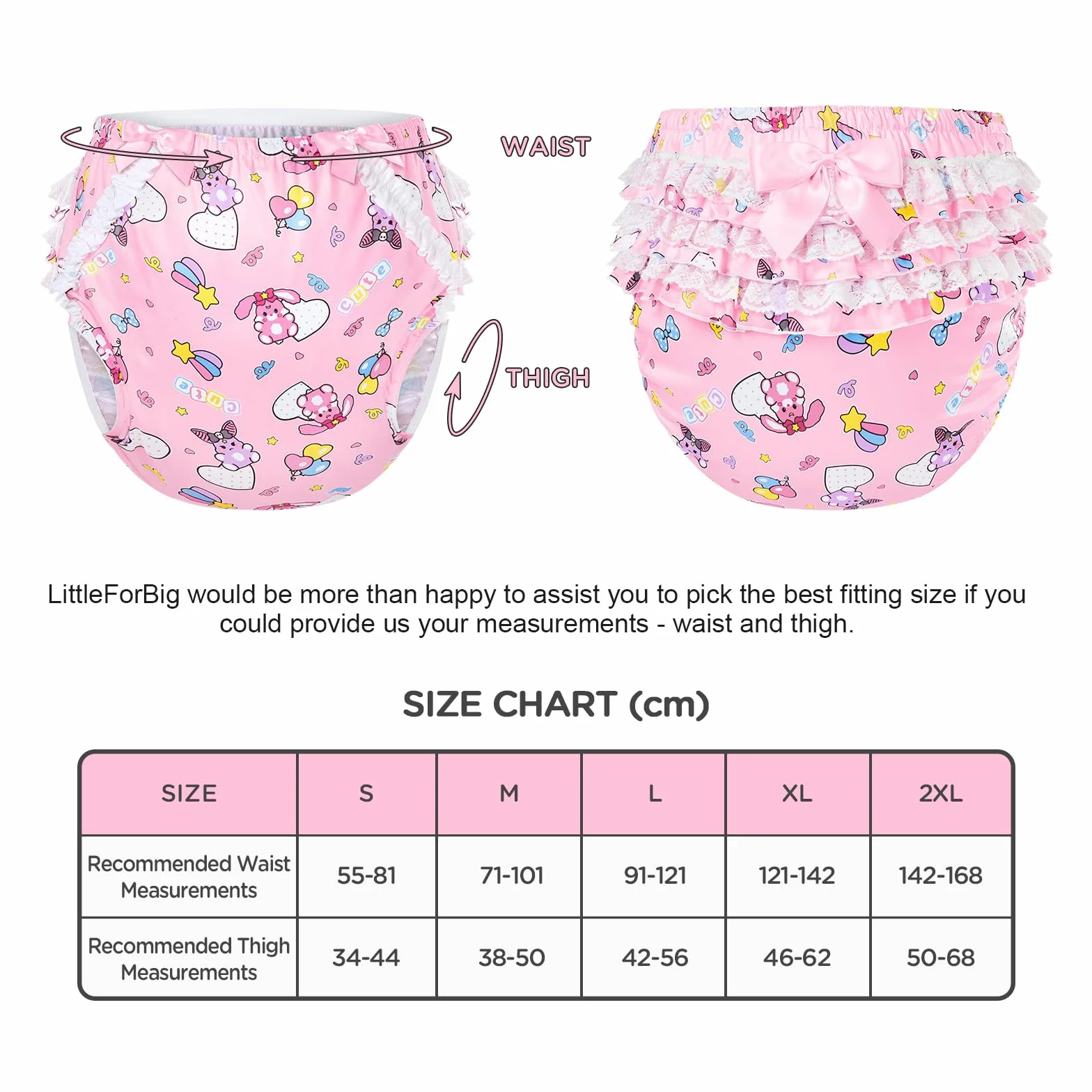 LittleForBig Sedoso lavable reutilizable impermeable con lazo de encaje fruncido bonito en bebé Usagi & Bella patrón sobre pañales adultos cubierta rosa S