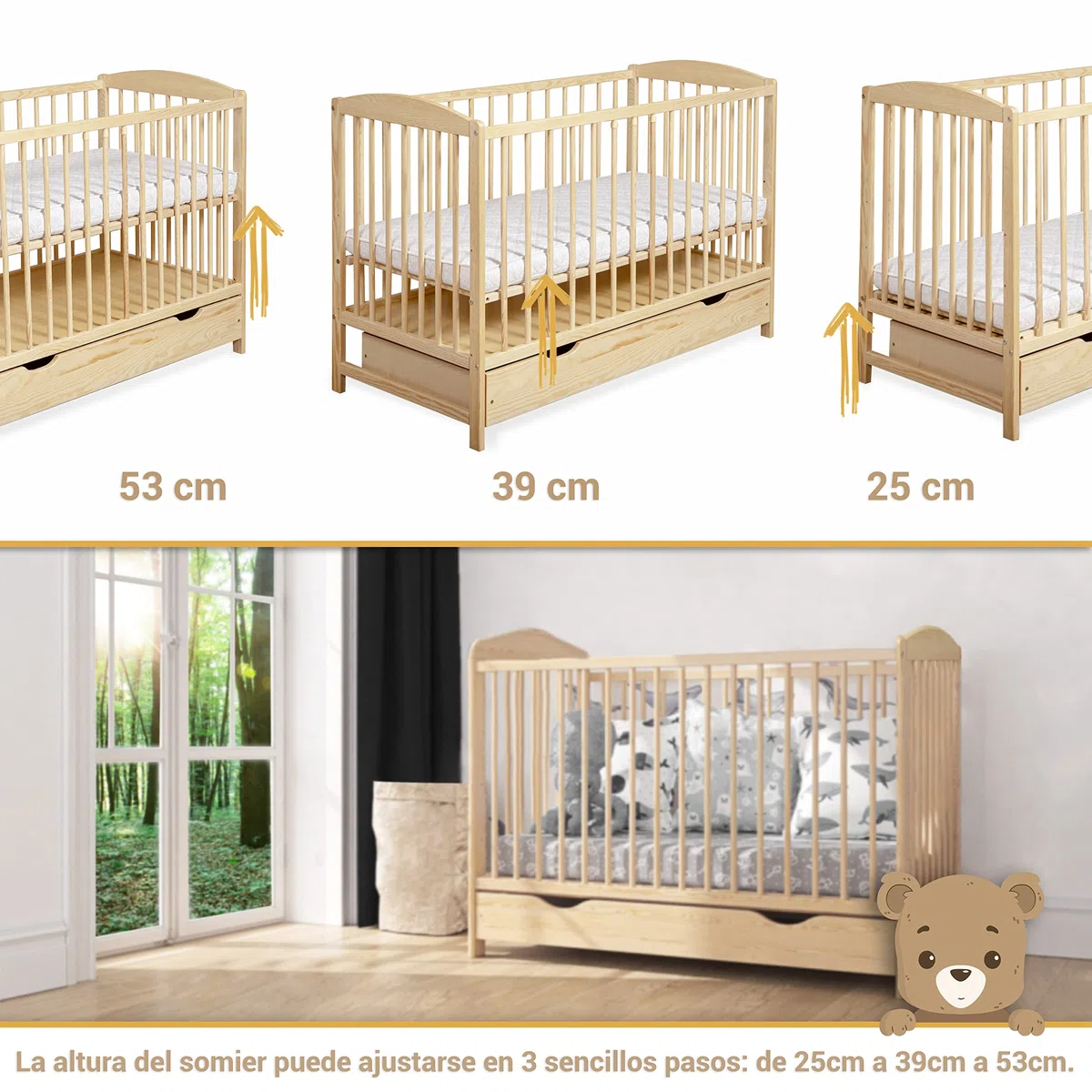 Cuna Bebe con Cajón - Cuna Bebe Madera con Barandillas de Protección - 60x120cm - Regulable en Altura - Cuna para Bebe Convertible en Cama Infantil - Cuna de Bebe para Niñas y Niños Marrón