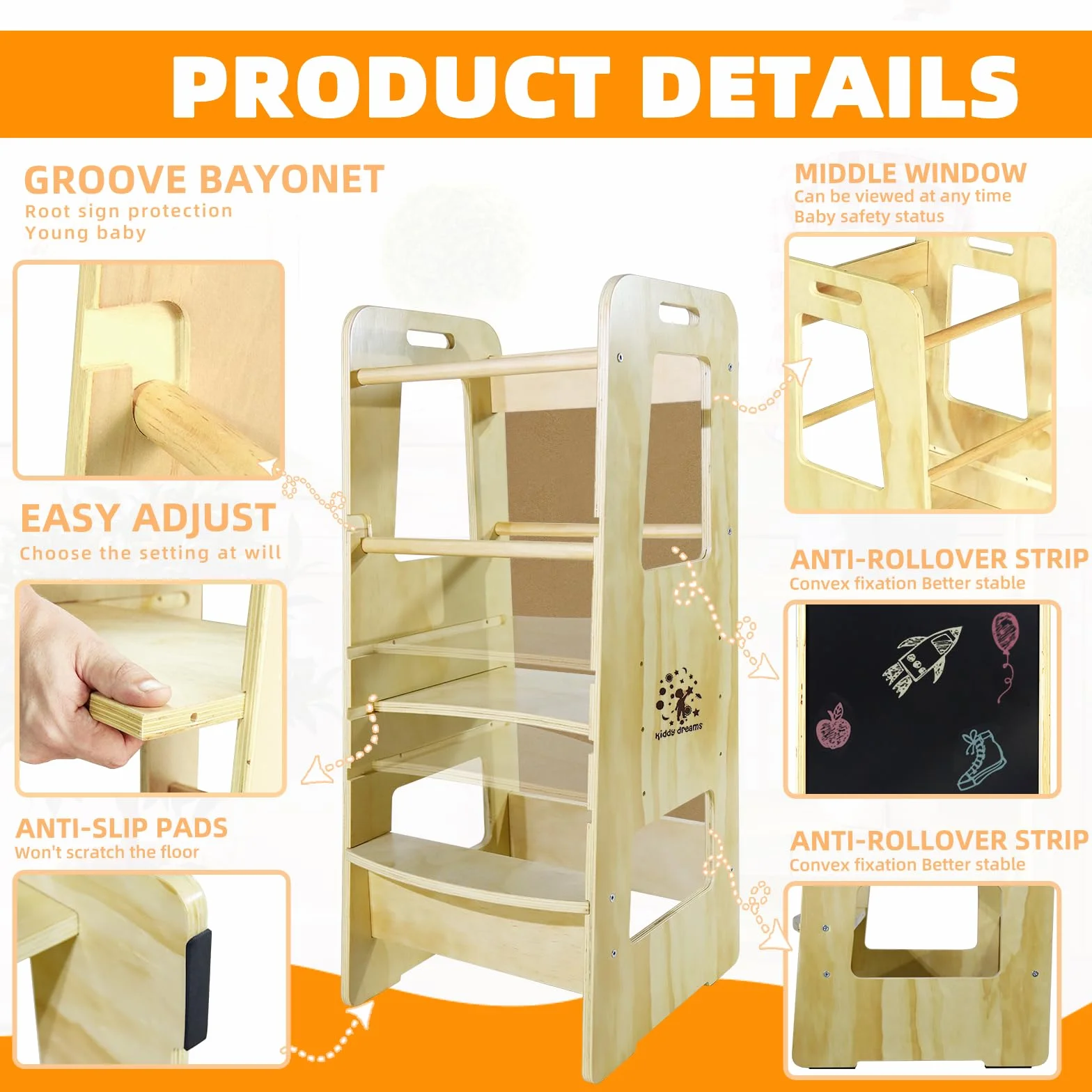 CCLIFE Torre de Aprendizaje Montessori, Taburete de Madera Ajustable para Niños, Ayudante de Cocina con Seguridad