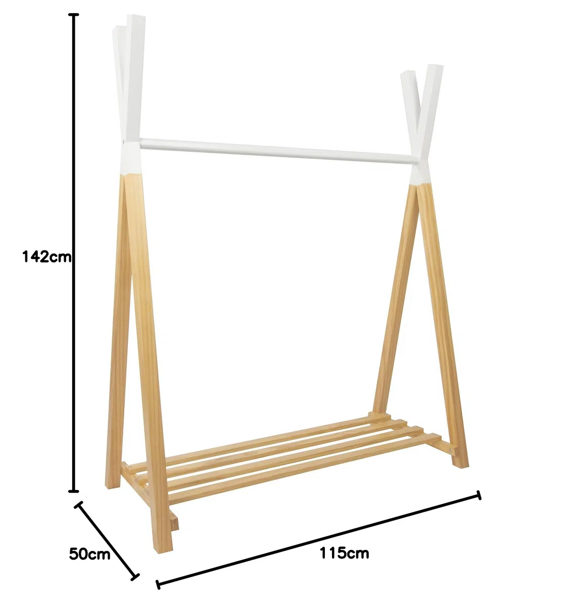 Puckdaddy - Perchero Infantil Hugo 115 x 50 x 142 cm de Pie - Madera Maciza de Pino, Diseño Tipi Blanco Natural - Colgador de Ropa con Zapatero para la Habitación Infantil y del Bebé