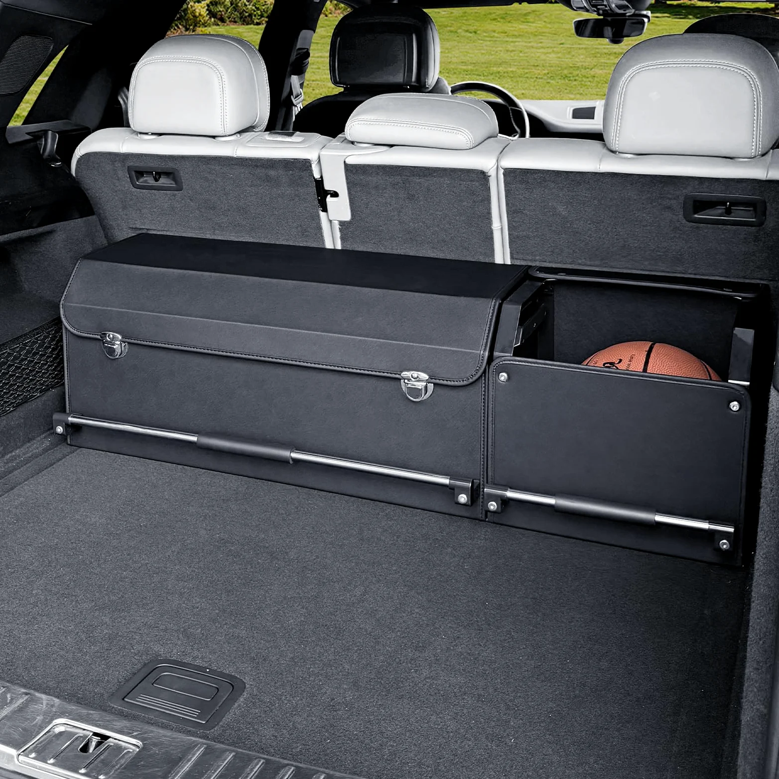 Organizador para Maletero de Coche con Tapa | Caja de Almacenamiento Modular 2 en 1 (con Subcajas) | Tamaño XXL | Asa Estable y Cuero Resistente | Marco ABS (Negro, 104x29x31cm)