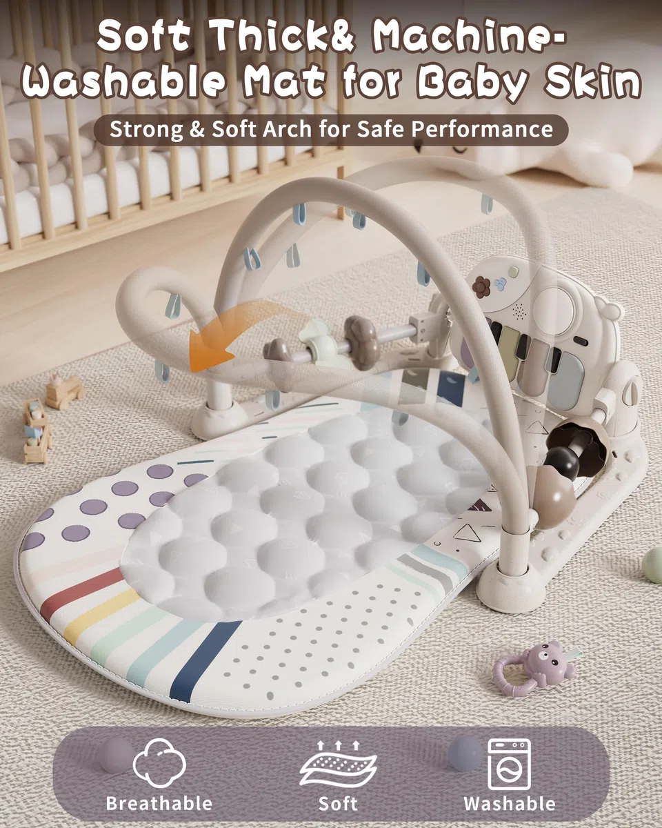 Gimnasio De Juegos Para Bebe con Piano, Alfombra de Gateo con Luces y Sonidos, Manta de Juego con Arco de Juego y 5 Juguetes Extraíbles para Bebés, Alfombrilla de Fitness Kick Piano para 0-36 Meses