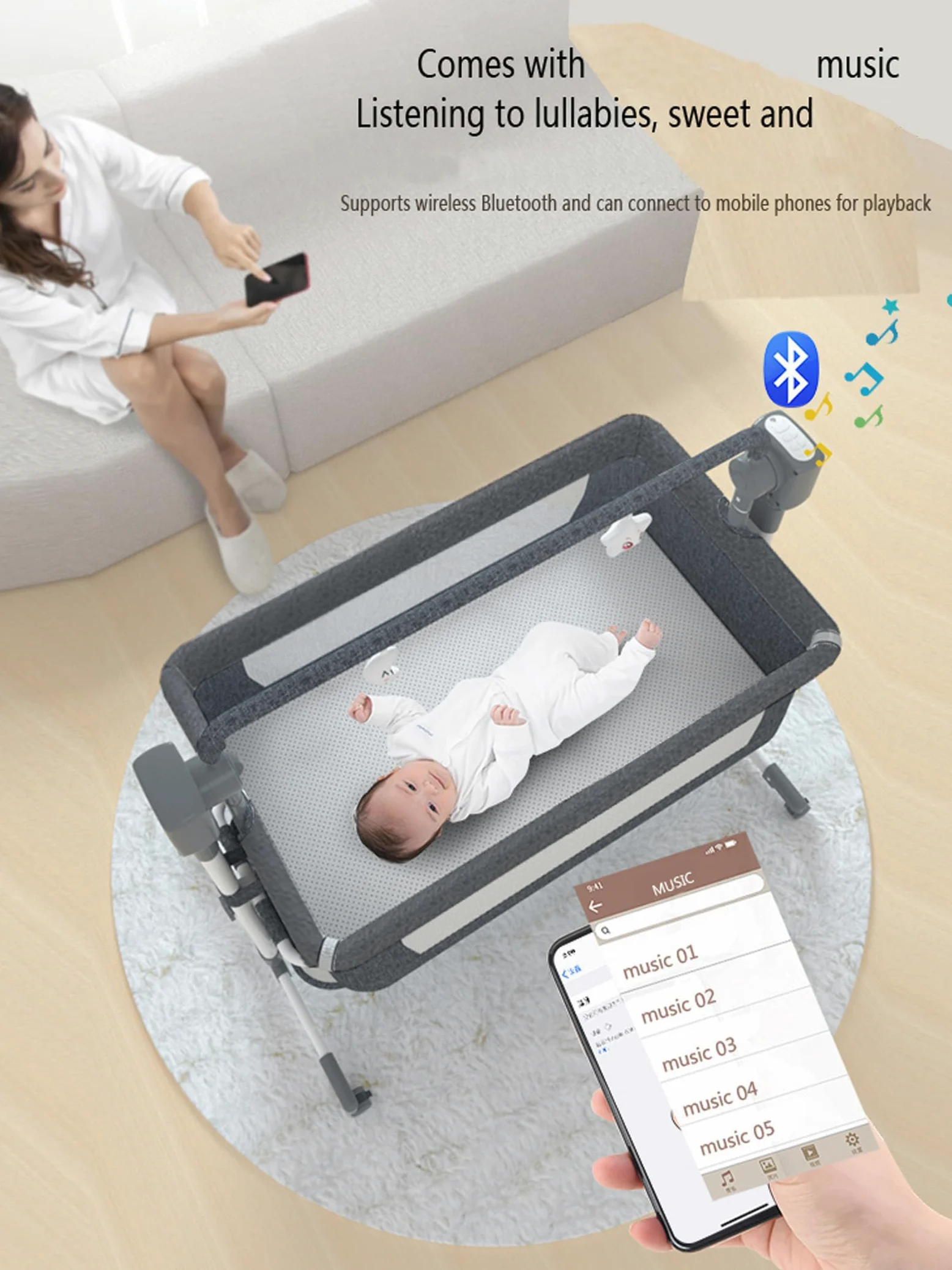 MoLi Eléctrico Bluetooth Inteligente Cuna Colecho Bebe, Cuna Next to me Convertible, Plegable Colecho Bebe con Colchon, Música, 5 Engranajes de Balanceo y Control Remoto (601 Beige)