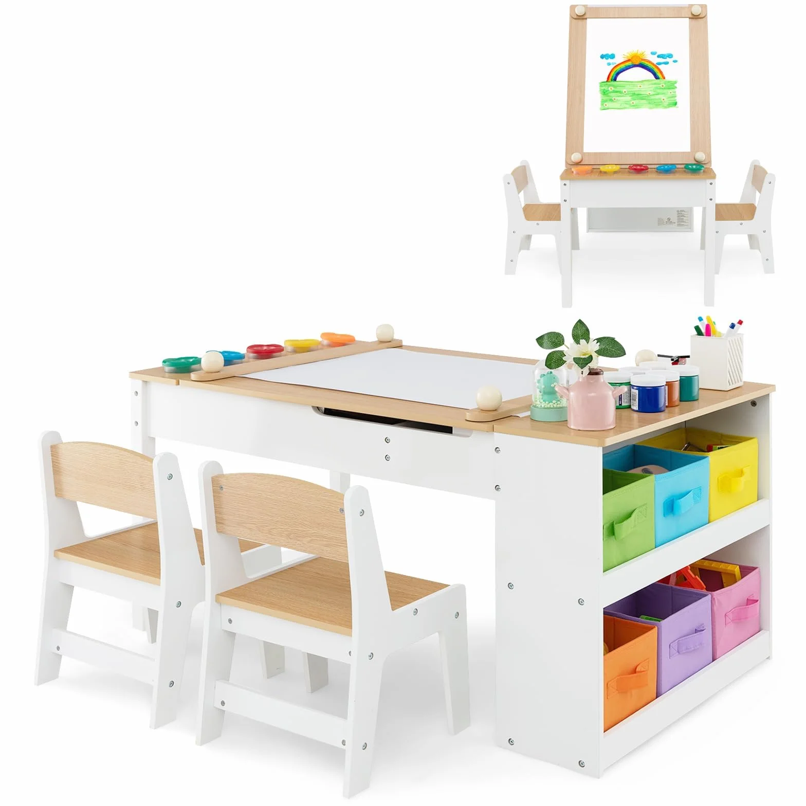 RELAX4LIFE Mesa Infantil con 2 Sillas, Mesa y Silla Infantil de Madera para Niños con Encimera Elevable, 2 Espacio Interior, 6 Cajones de Tela, 4 Tazas para Pintar y Rollo de Papel (Natural)