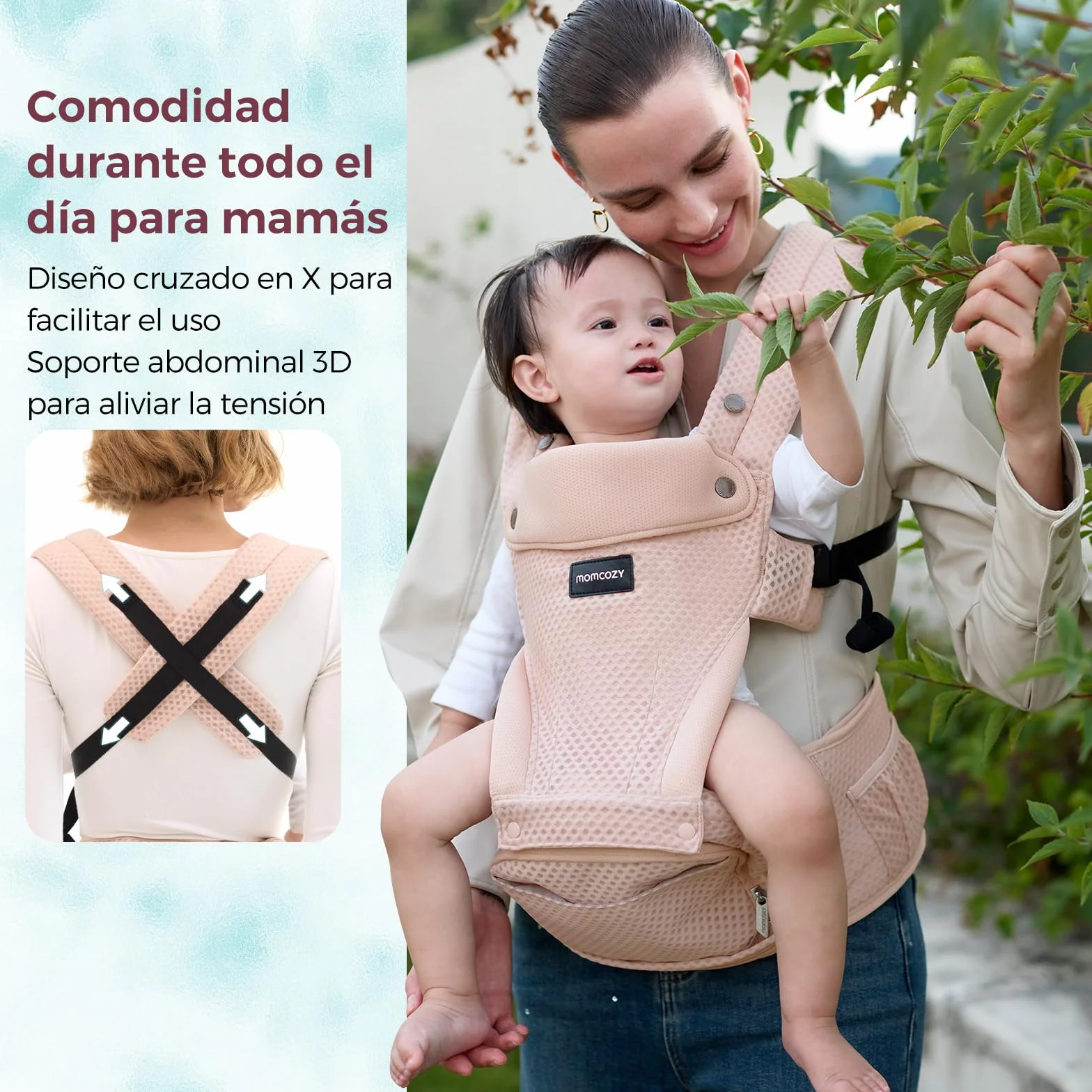 Momcozy Mochila Portabebés Ergonómica 2 en 1 con Asiento de Cadera Desmontable, Transpirable, Soporte Lumbar, hasta 20 kg