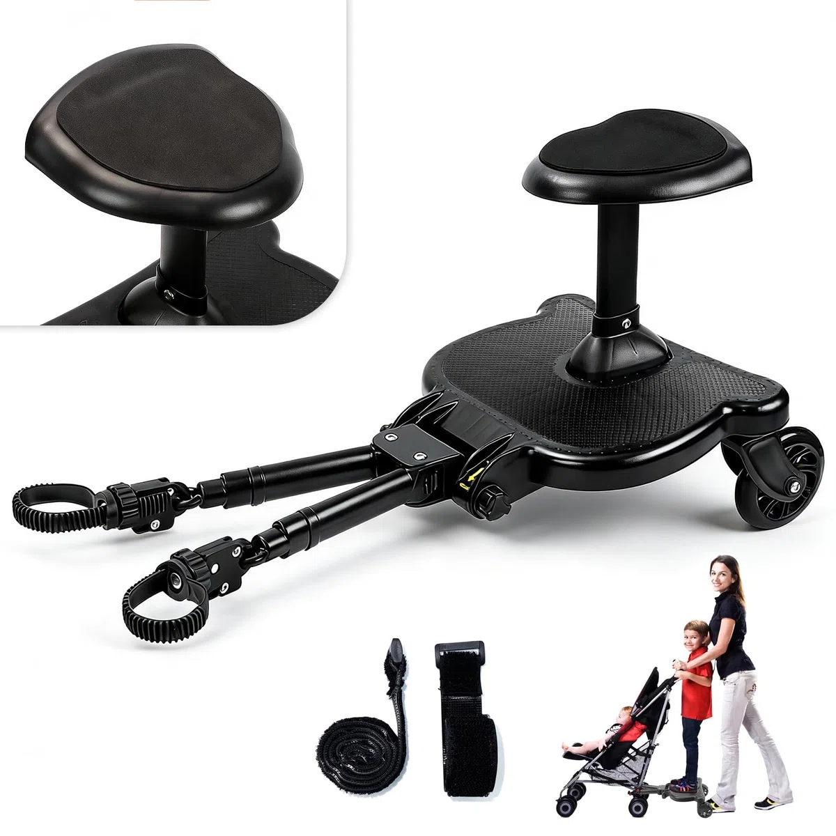 Vihir Patinete Carro Bebe Universal, Tabla de Cochecito con Asiento, Buggy Board Para el Segundo Niño, Accesorio Para Niños de 2 a 6 Nños (25 kg), Mejora total