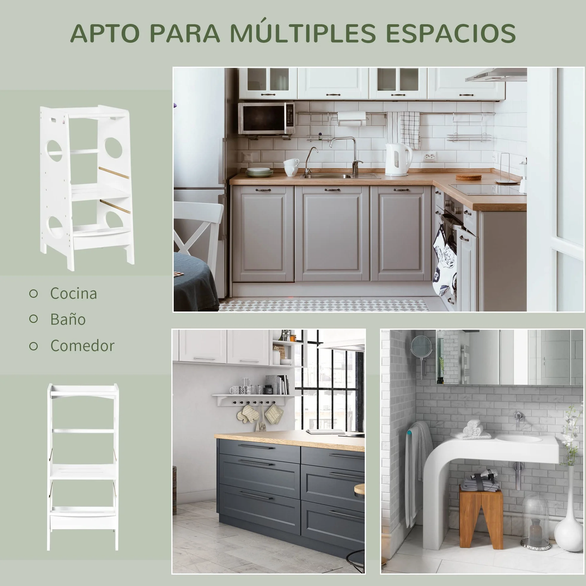 HOMCOM Torre de Aprendizaje Madera Niños Taburete Cocina Infantil Altura Ajustable 3 Posiciones Barra Seguridad 40x50x90 cm Blanco