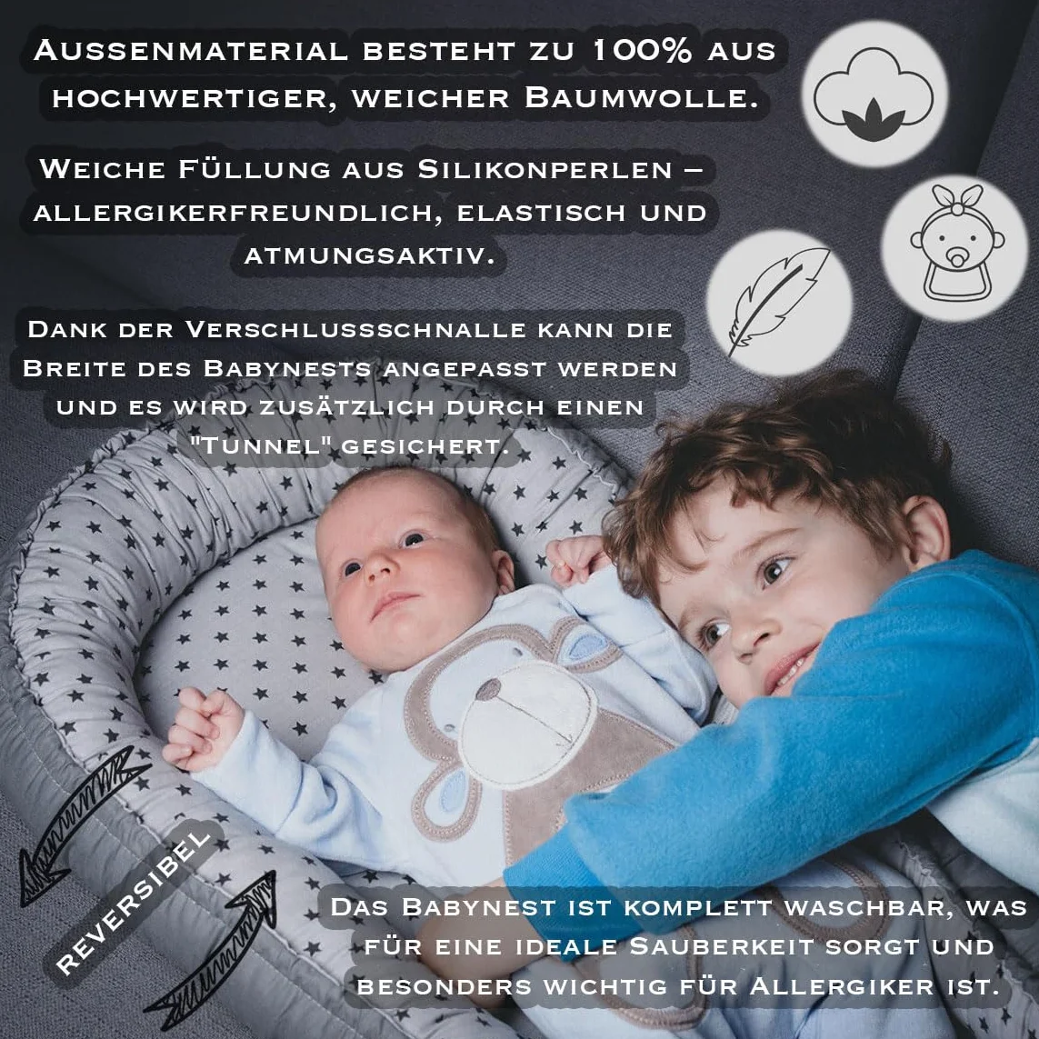 PaLulli Nido de Peluche de 2 Caras, Nido de Bebé, Cuna de Viaje, Cambiador de Cama, Capullo para Cuna de Bebé, 100% Algodón Oeko Tex (Estrellas)