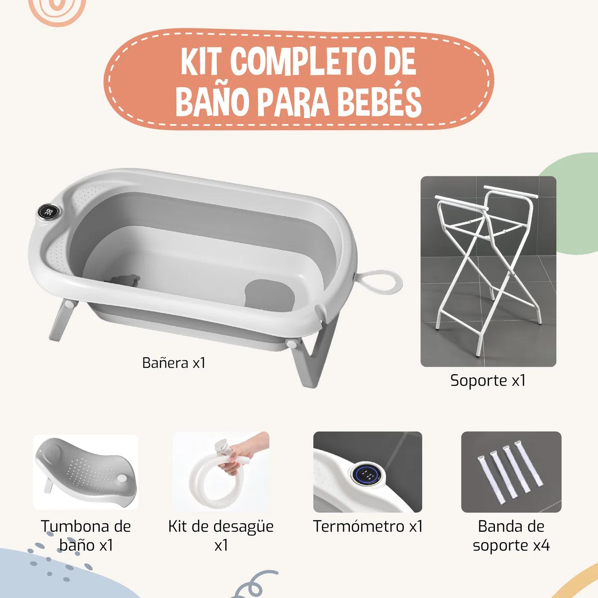 SUPERBE BEBE Bañera Plegable Bebé con Patas y Soporte – Baby Bathtub XXL con Termómetro, Asiento Ergonómico y Tubo de Desagüe – Desde recién nacido hasta 3 años para bebés - Cadeau Bebé