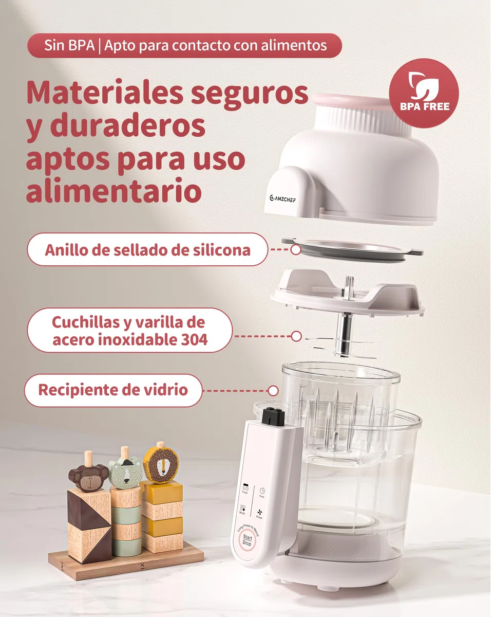 AMZCHEF Robot de cocina para bebé 6-en-1 Vaporera & Licuadora – Programas por Etapas de Edad 1–5, Libre de BPA – Cocinar al Vapor, Triturar, Puré, Descongelar, Auto-Limpieza – Control Táctil