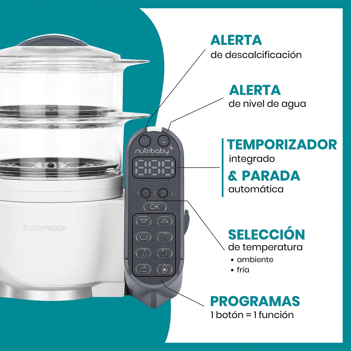Babymoov Nutribaby(+), Robot Multifunción 6 en 1, Vaporera, Batidora, Gran Capacidad para el Bebé, Óptimo para la Cocina por Lotes, Blanco