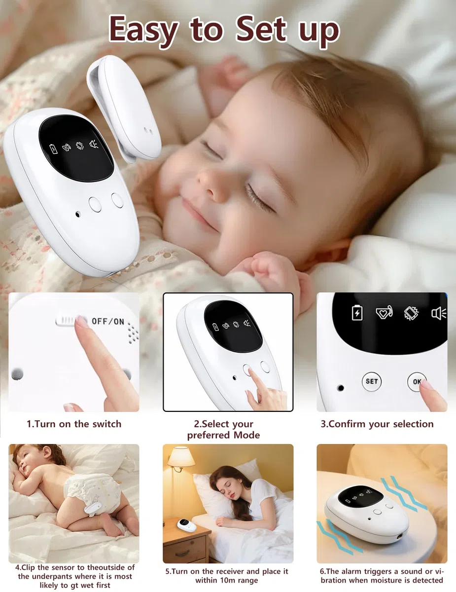 Alarma de Enuresis Inalámbrica para Niños y Niñas, Recargable USB-C, 3 Modos de Alerta, Diseño Compacto para Entrenamiento de Orinal Nocturno
