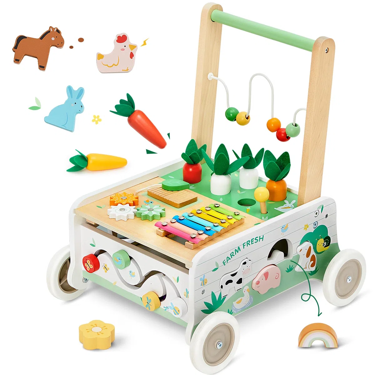 Labebe Andador de Bebé, Andador de Madera para Empujar al Bebé, Andador de Velocidad Ajustable con Rueda, Centro de Actividades para Niños Pequeños