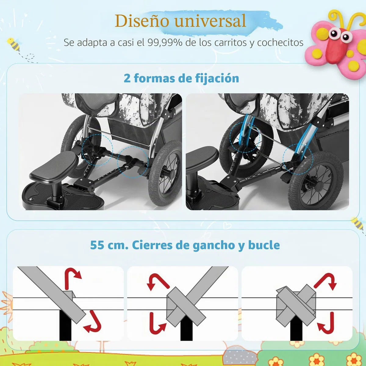 Patin Carro Bebe Universal con Asiento,Buggy Board portátil para niños,Diseño estable de dos ruedas,con correa de suspensión, Accesorio para cochecito para niños de 2 a 6 años (25 kg)