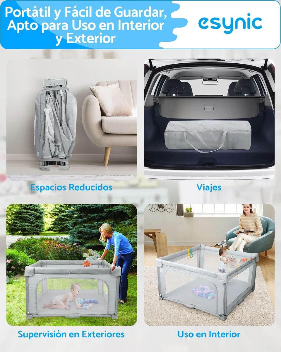 eSynic Parque Infantil Bebé Plegable 150x150 cm Corralito Bebé Grande con Colchoneta Centro de Actividades Playpen con Malla Transpirable Pelotas Canasta Uso Interior Exterior Portátil Gris