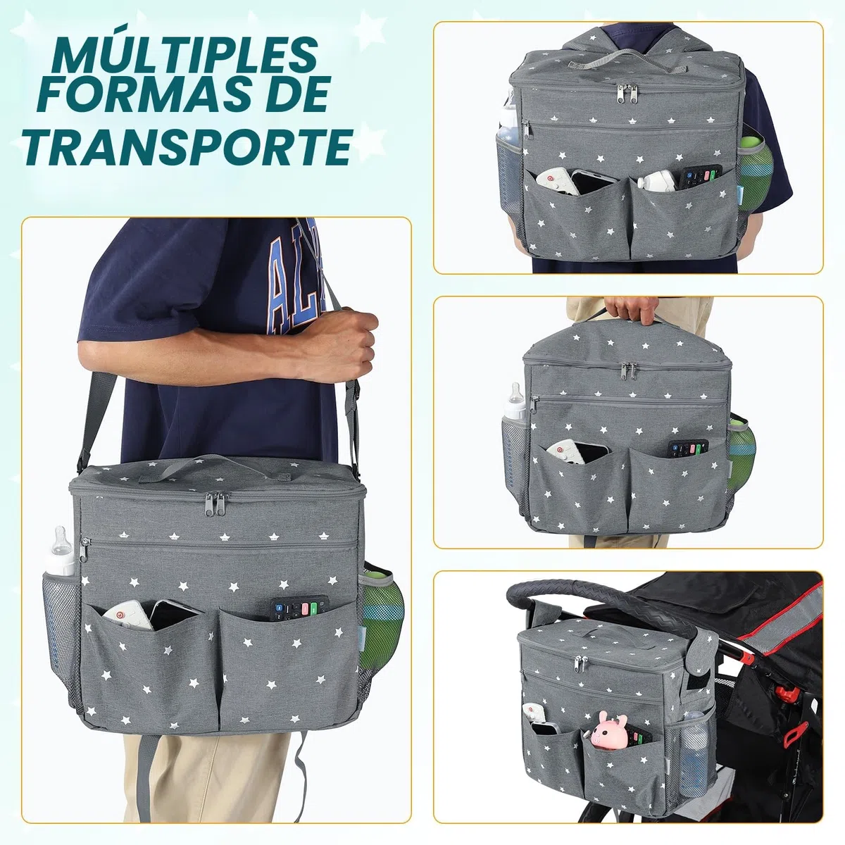 Orzbow Grande Bolso Carro Bebe,Impermeable Bolso Carrito Bebe con Portavasos,Multifuncional Organizador Carro Bebe con Divisor Extraíble,Forro Aislante y 22L Capacidad,2 Ganchos y 1 Bandolera (Gris)