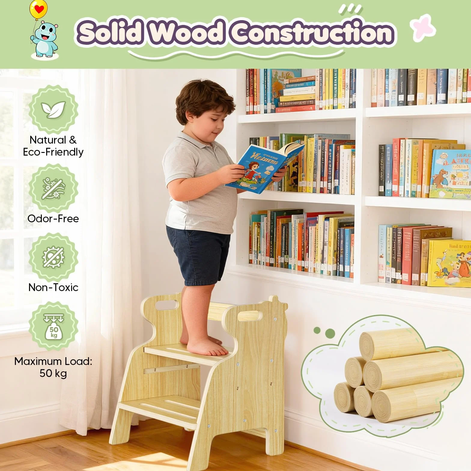 Taburete de Madera para Niños con 2 Escalones - Banqueta para Dormitorio, Baño, Cocina