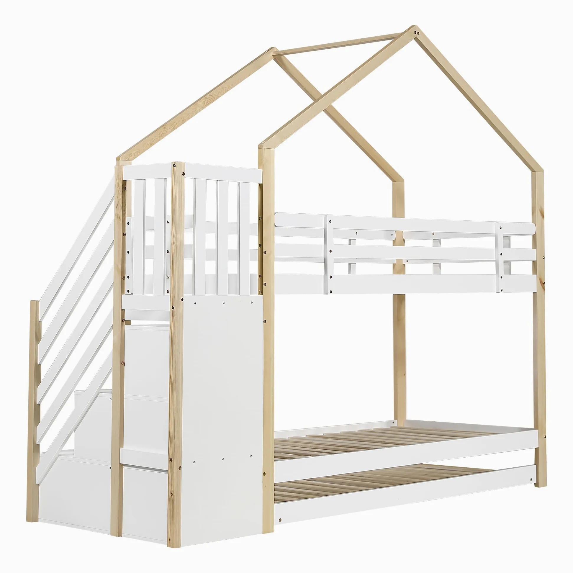 Moimhear litera con casa del árbol extensible, cama corrediza, escalera con 4 cajones, cama infantil con protección contra caídas y reja de cama infantil, con somier, Natural+Blanco (90x200cm