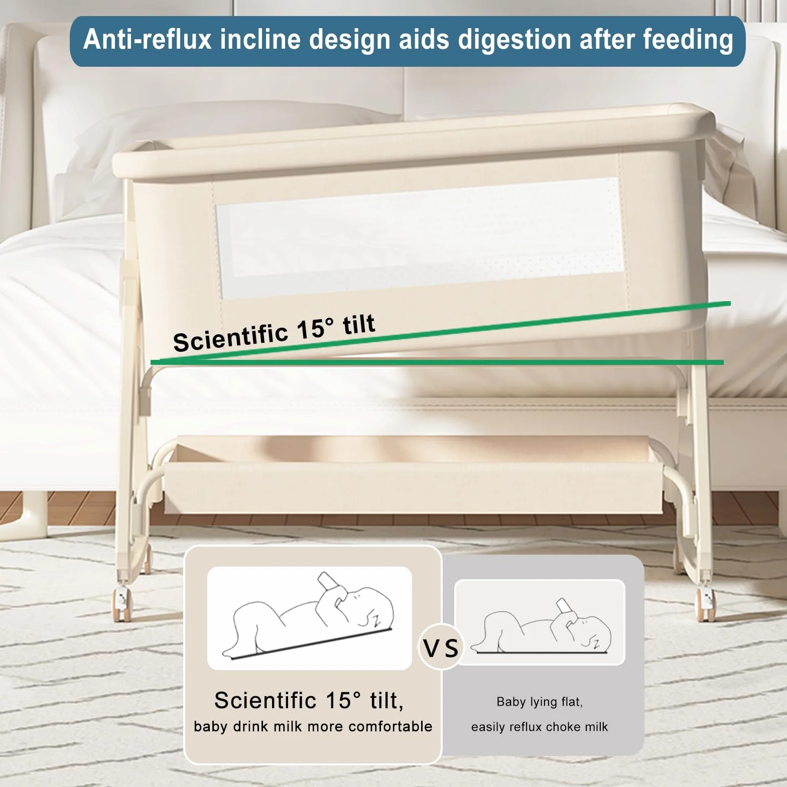 Cuna de Colecho 4 en 1 Convertible en Minicuna | Cuna de Bebé Ajustable en 6 Alturas (0-3 Años) con Colchón,Cambiador,Mosquitera y Cesta de Almacenamiento | para Colocar al Lado de Cama (Beige)