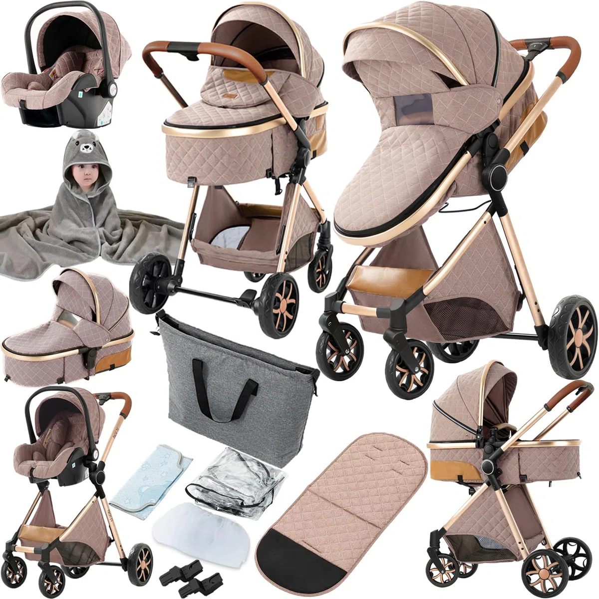 Carrito Bebe 3 en 1, Carrito Bebe con Empuje Reversible de Dos Vías, Carro 3 Piezas con Estructura de Aleación Aluminio, Cochecito Tres Piezas Para Recién Nacidos (225 Khaki-1)
