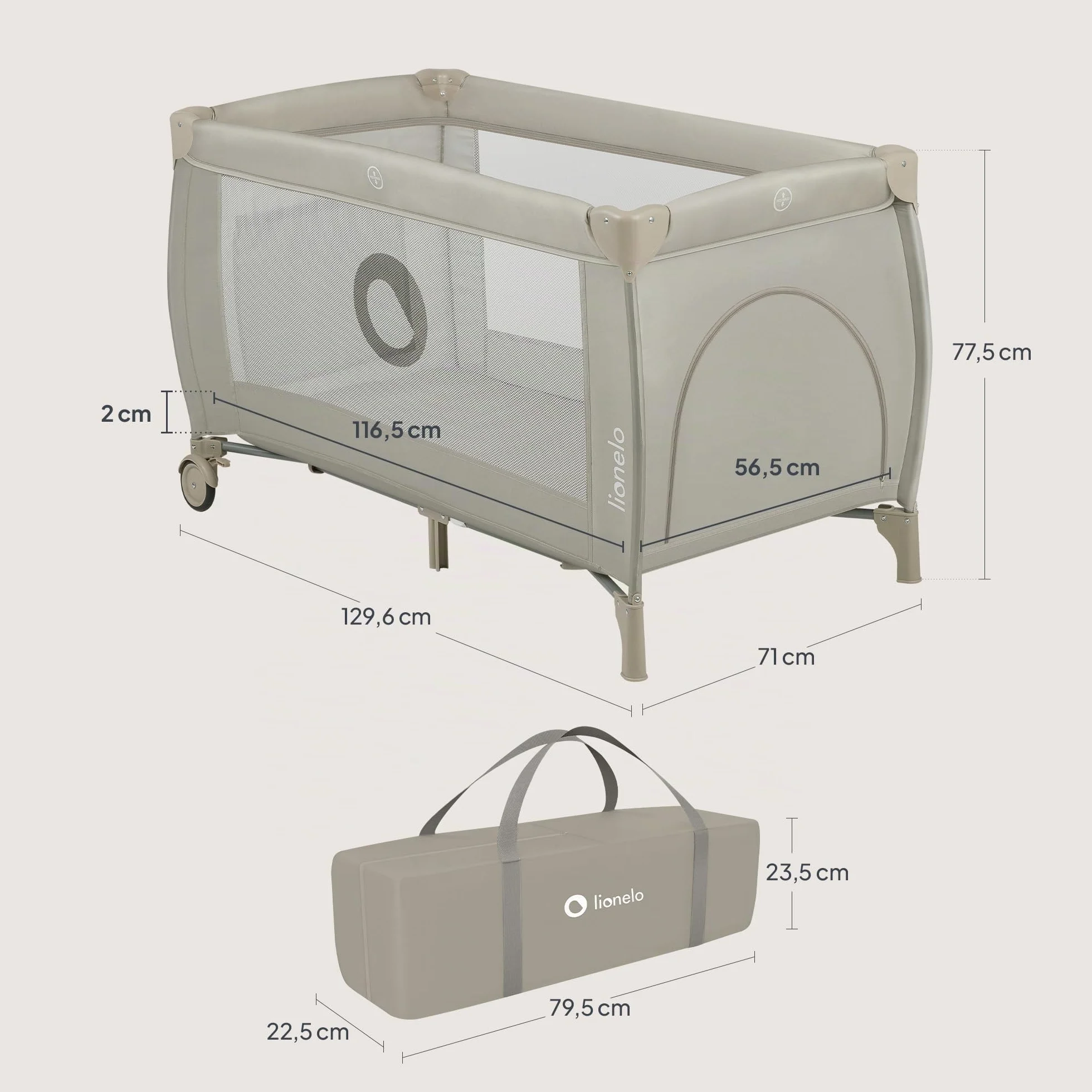LIONELO Stefi Plus Cuna de Viaje Bebé Puerta Lateral Colchón Espuma T25 Premium Plegado Rápido Bolsa Transporte Ruedas Beige