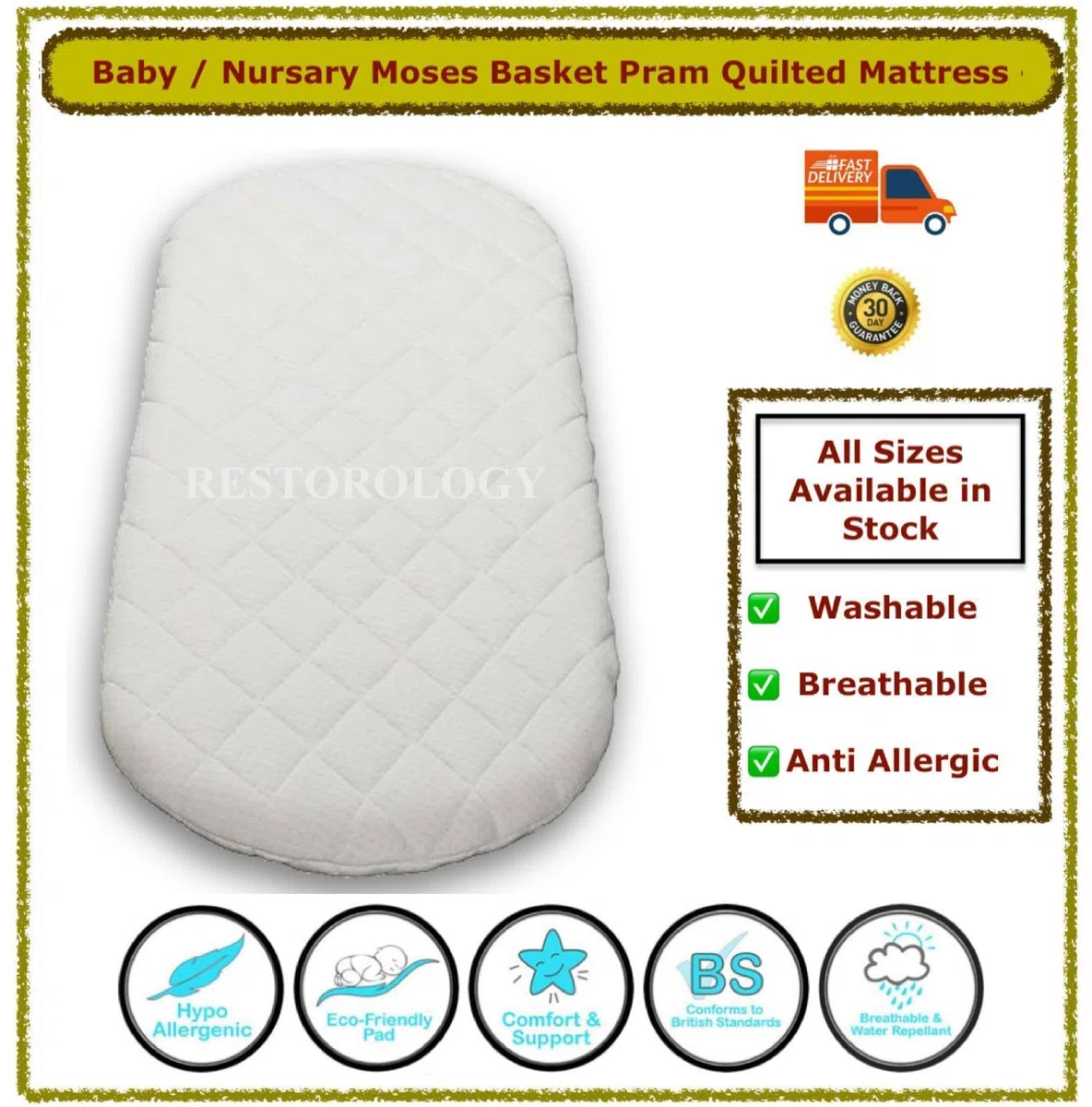 Colchón para cochecito y moisés, apto para Kinderkraft (cuna de bebé - 3 x 1 Lovi), transpirable, hipoalergénico, tamaño 78 x 41 x 04 cm