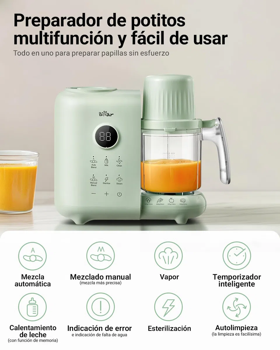 Bear Vaporera 6 en 1 con batidora premium para alimentos para bebés, vapor, agitación automática, calentamiento de leche, desinfección, función de autolimpieza, función de limpieza automática (Verde)