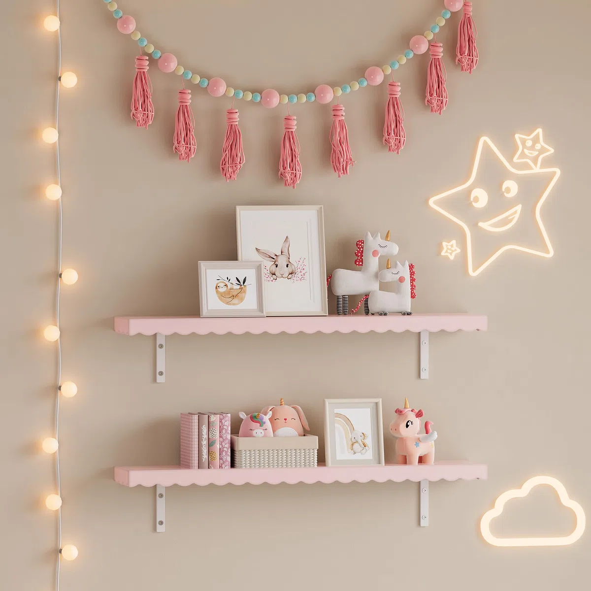 [en.casa] Set de 2 Estantes Flotantes Infantil Vestnes Baldas de Pared con Borde Elevado y Ondulado Librería Dormitorio para Niños Habitación Infantil 80 x 17 x 4 cm Rosa - Algodón de azúcar