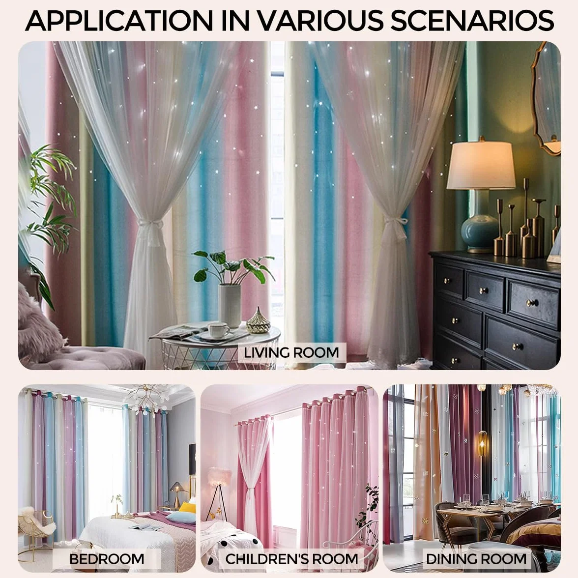 Cortinas Opacas Arcoíris para Dormitorio de Niñas, Rosa Morado Verde, 132x106 cm