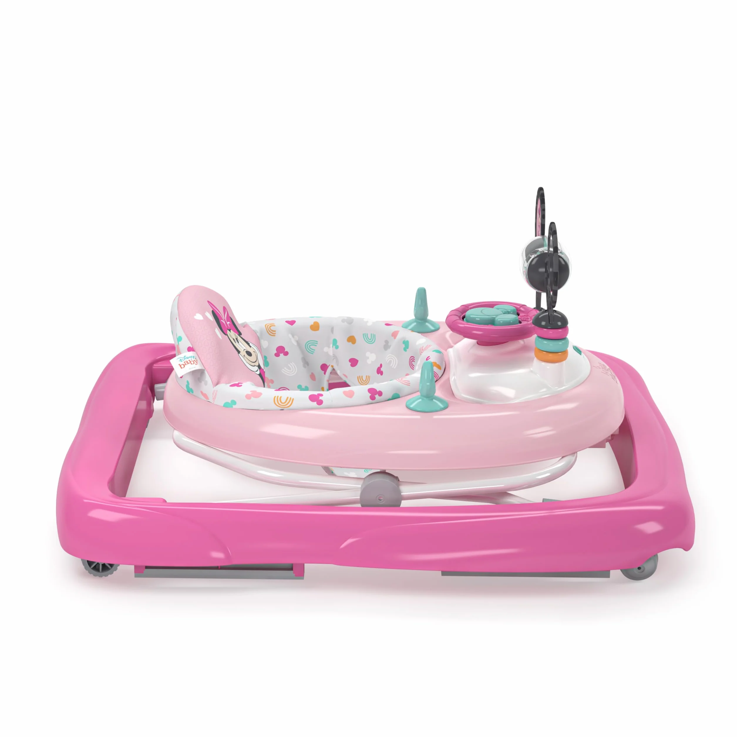 Bright Starts, Disney Baby Minnie Mouse, Tiny Trek, Forever Besties 2 en 1 Andador con estación de juegos desmontable, luces y canciones, altura ajustable, a partir de 6 meses